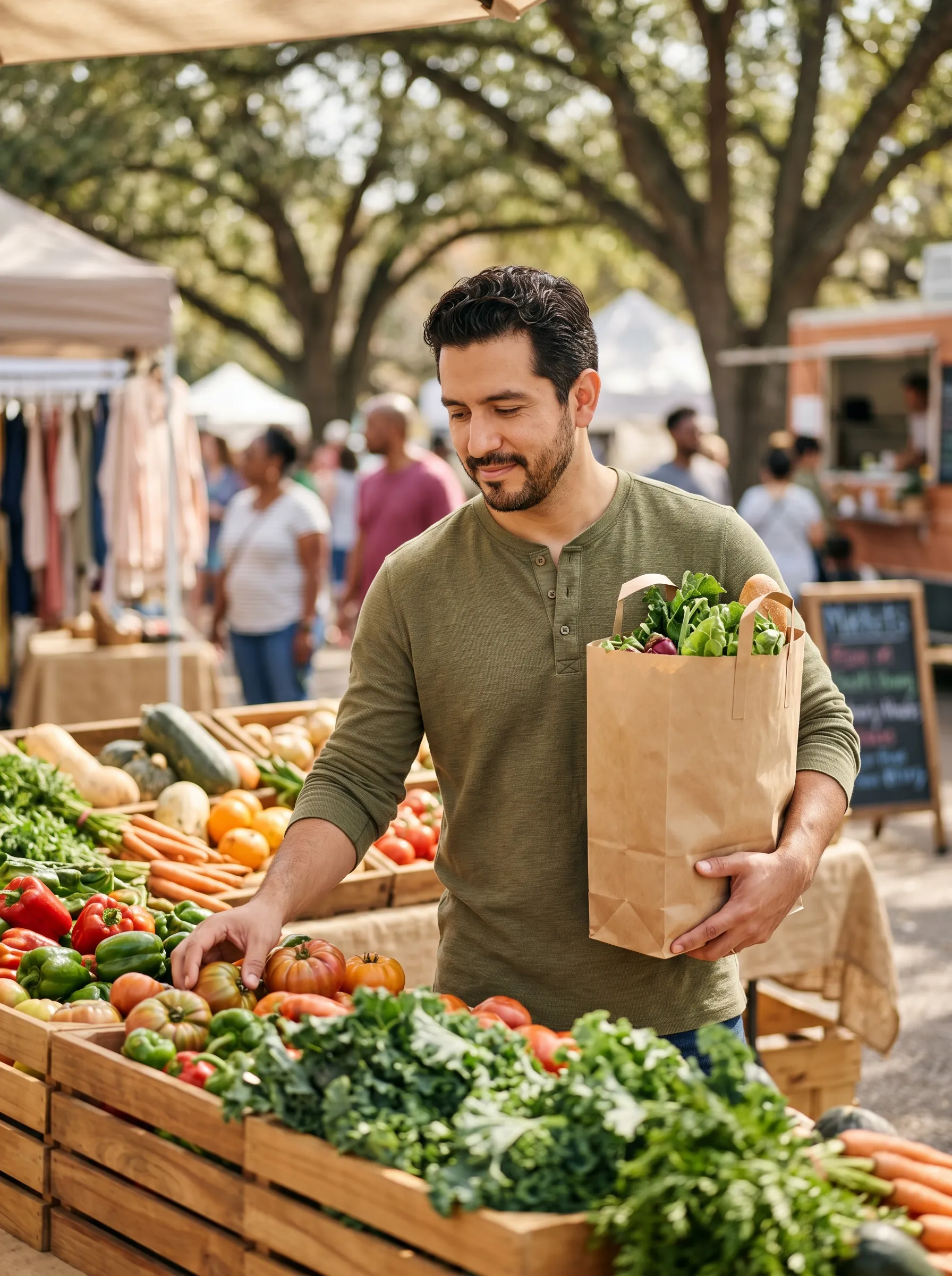 A man in his late thirties browsing fresh produce at a sunlit Houston farmers market, relaxed and content.