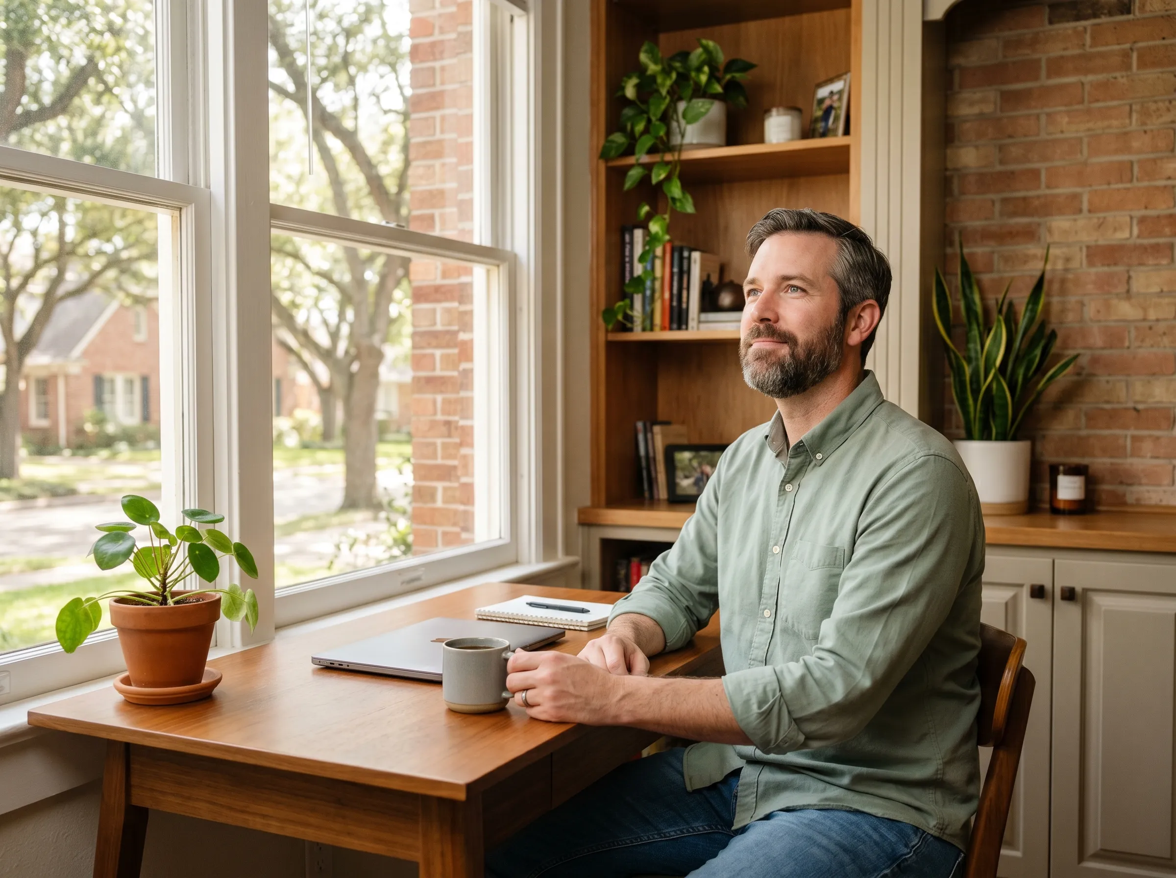 A man sitting calmly at a sunlit home desk in his Houston apartment, at ease and back to his daily routine.