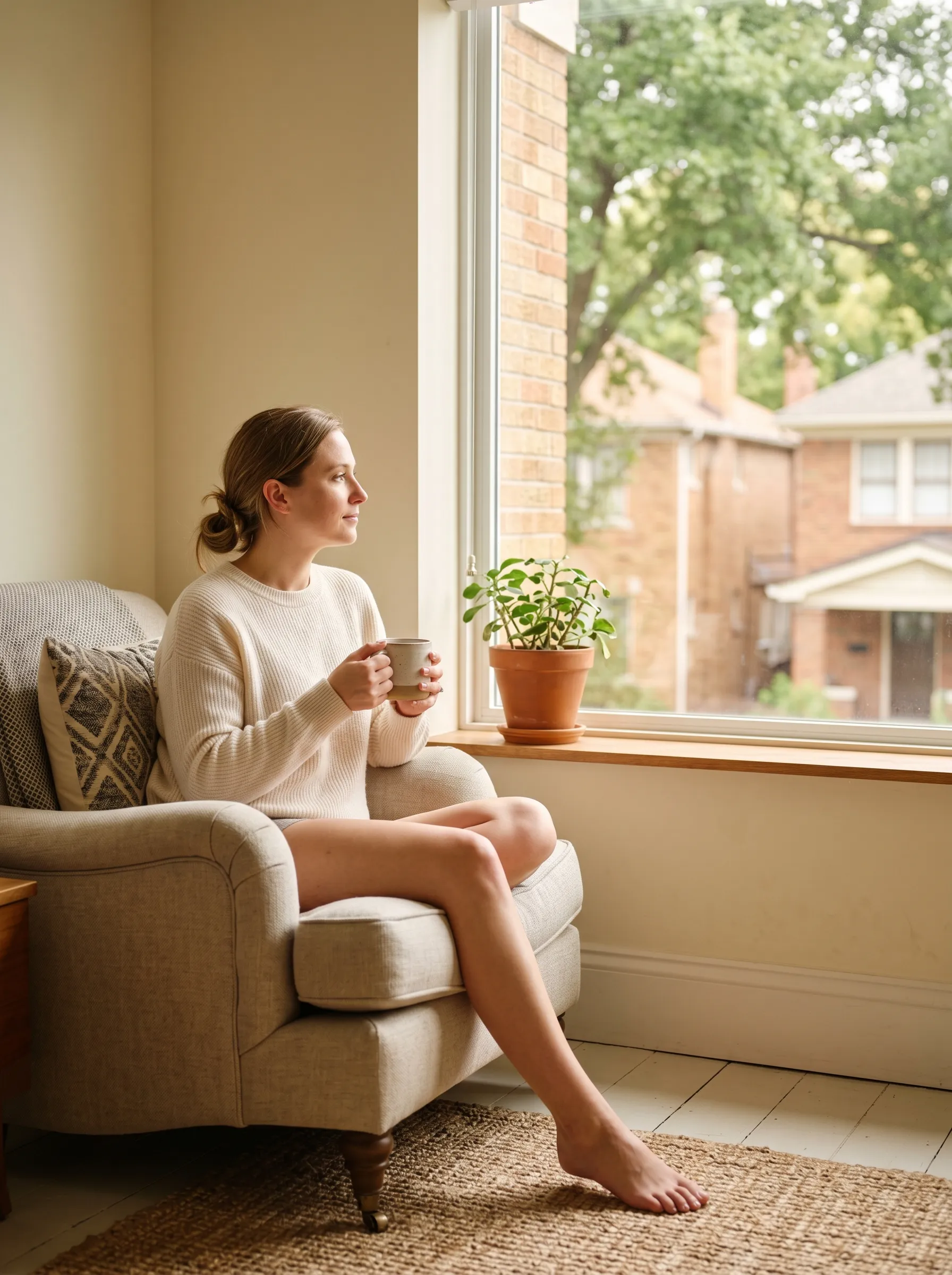 A woman sitting calmly by a sunlit window at home, holding a warm drink.