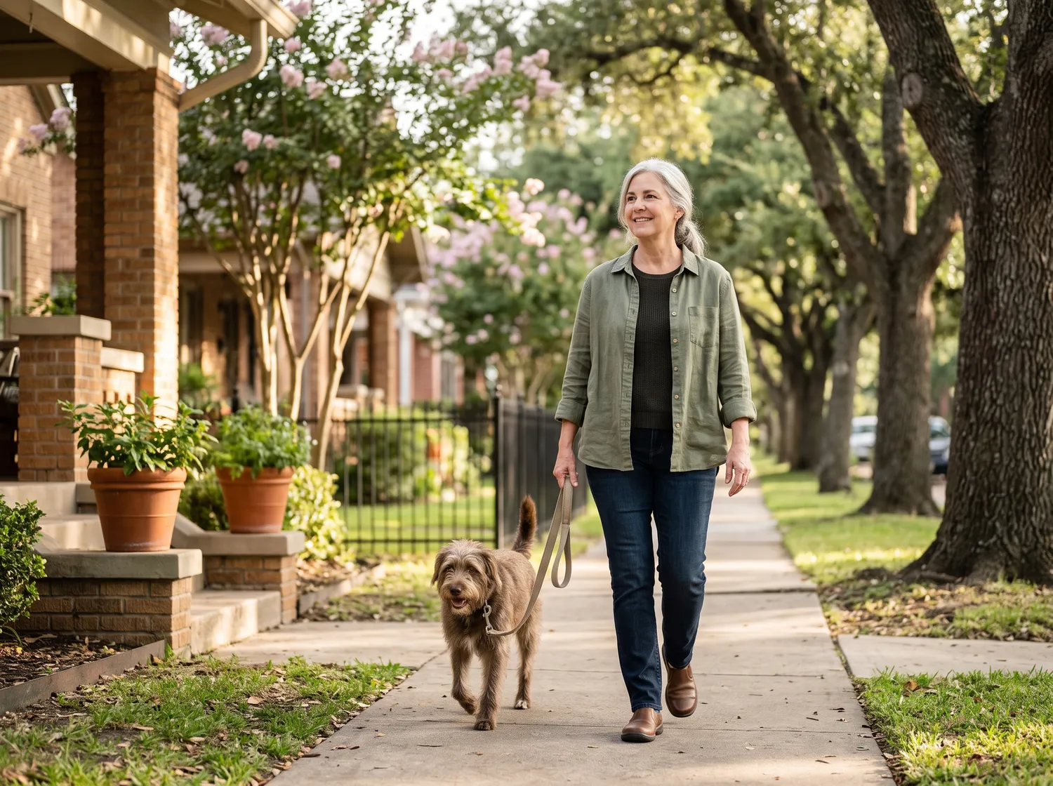 A woman walking her dog on a leafy Montrose sidewalk in the warm late afternoon, relaxed and content.