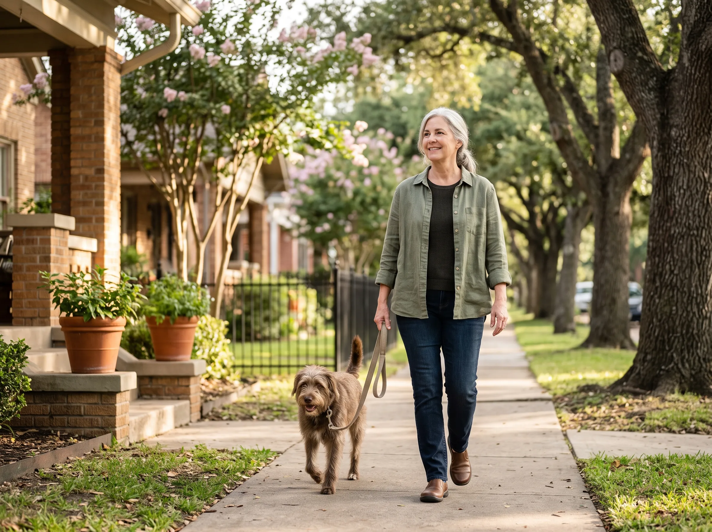 A woman walking her dog on a leafy Montrose sidewalk in the warm late afternoon, relaxed and content.