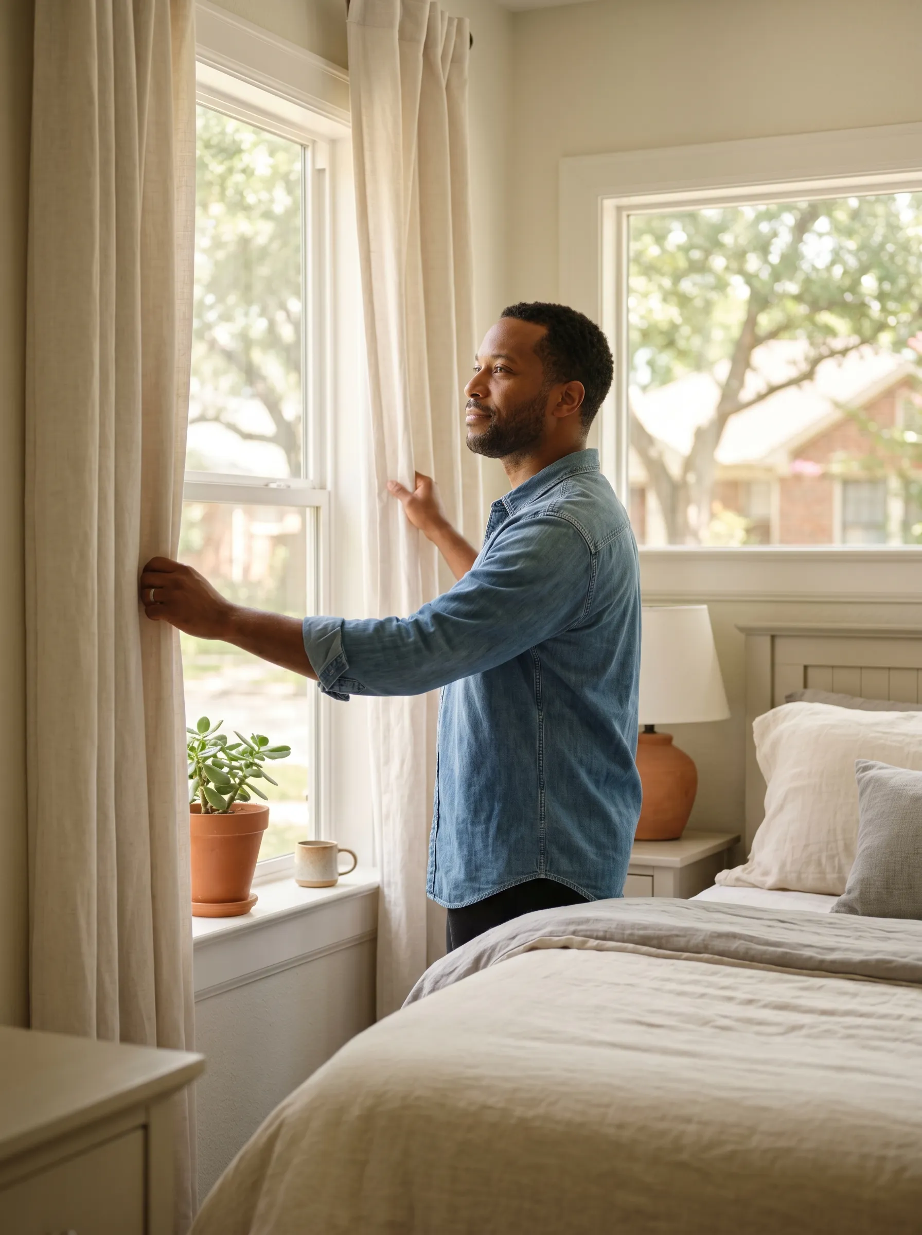 A man drawing open the linen curtains to soft morning light in a calm, light-filled Houston bedroom.