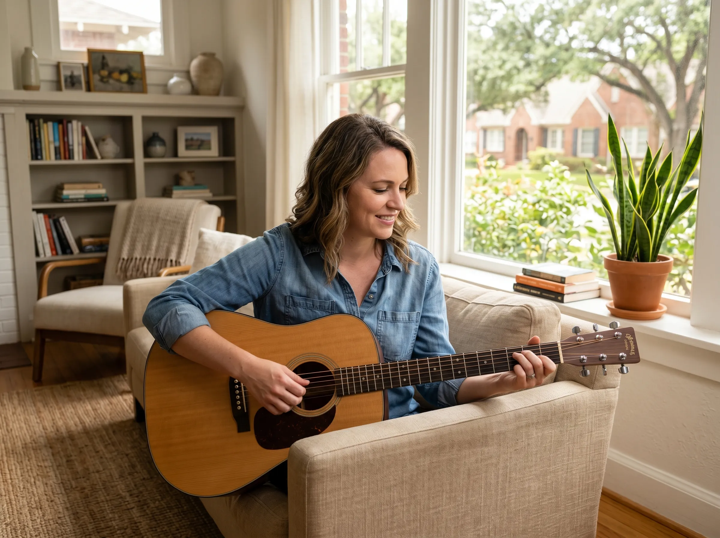 A woman sitting in a sunlit Houston living room, absorbed in playing an acoustic guitar, relaxed and content.