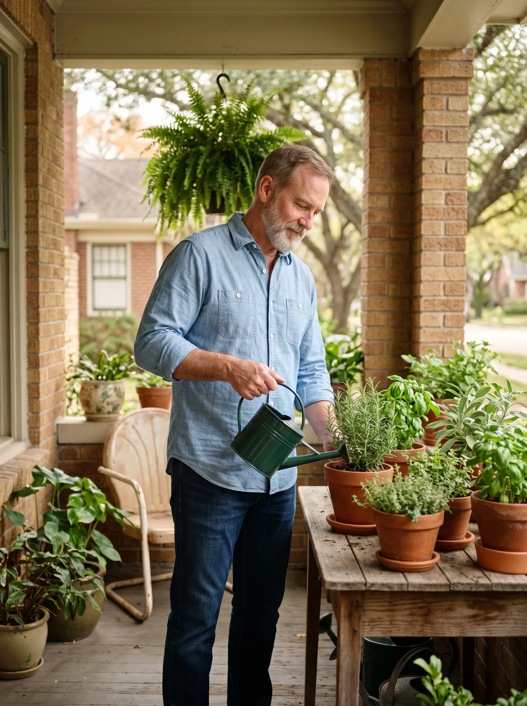 A man tending leafy potted herbs on a sunlit Montrose porch, sleeves rolled up, quietly content.