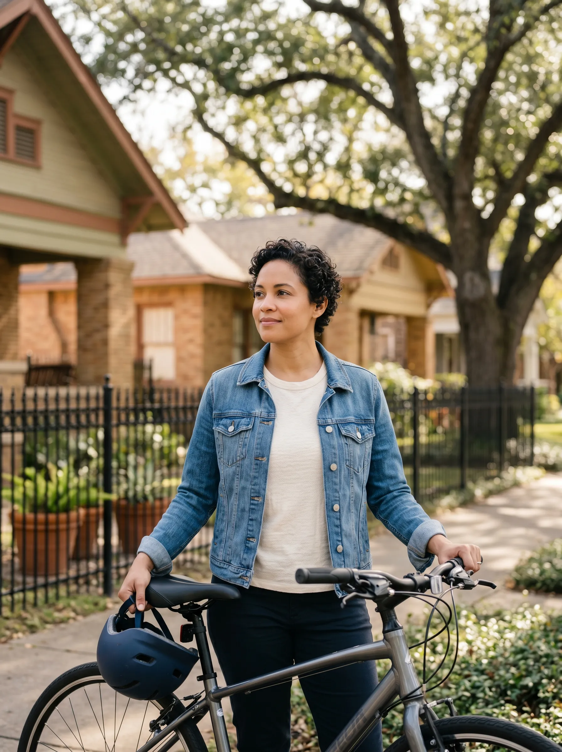A woman pausing with her bicycle on a leafy Montrose street lined with brick bungalows in warm morning light, calm and content.