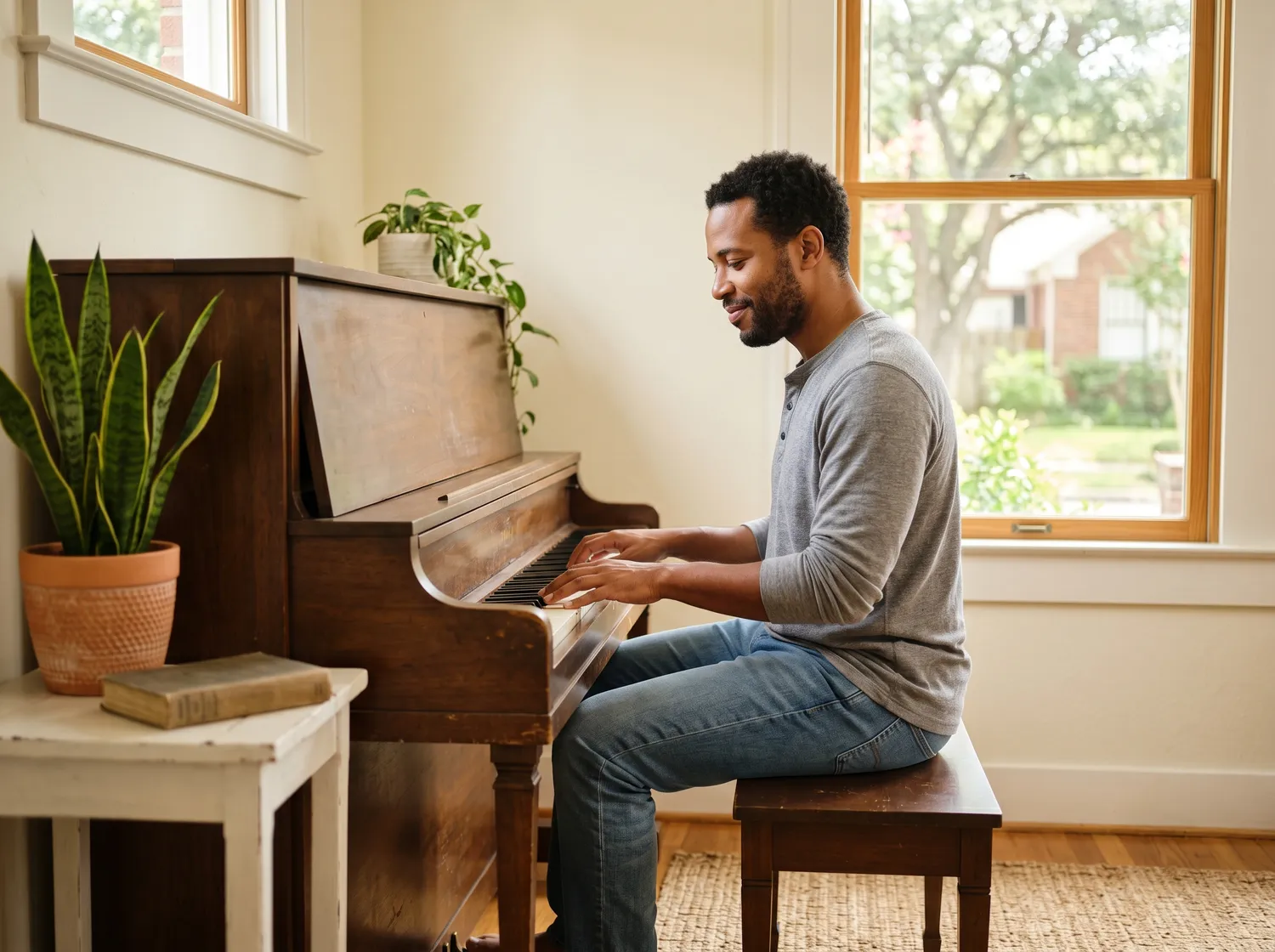 A man playing an upright piano in a sunlit Houston living room, relaxed and absorbed.
