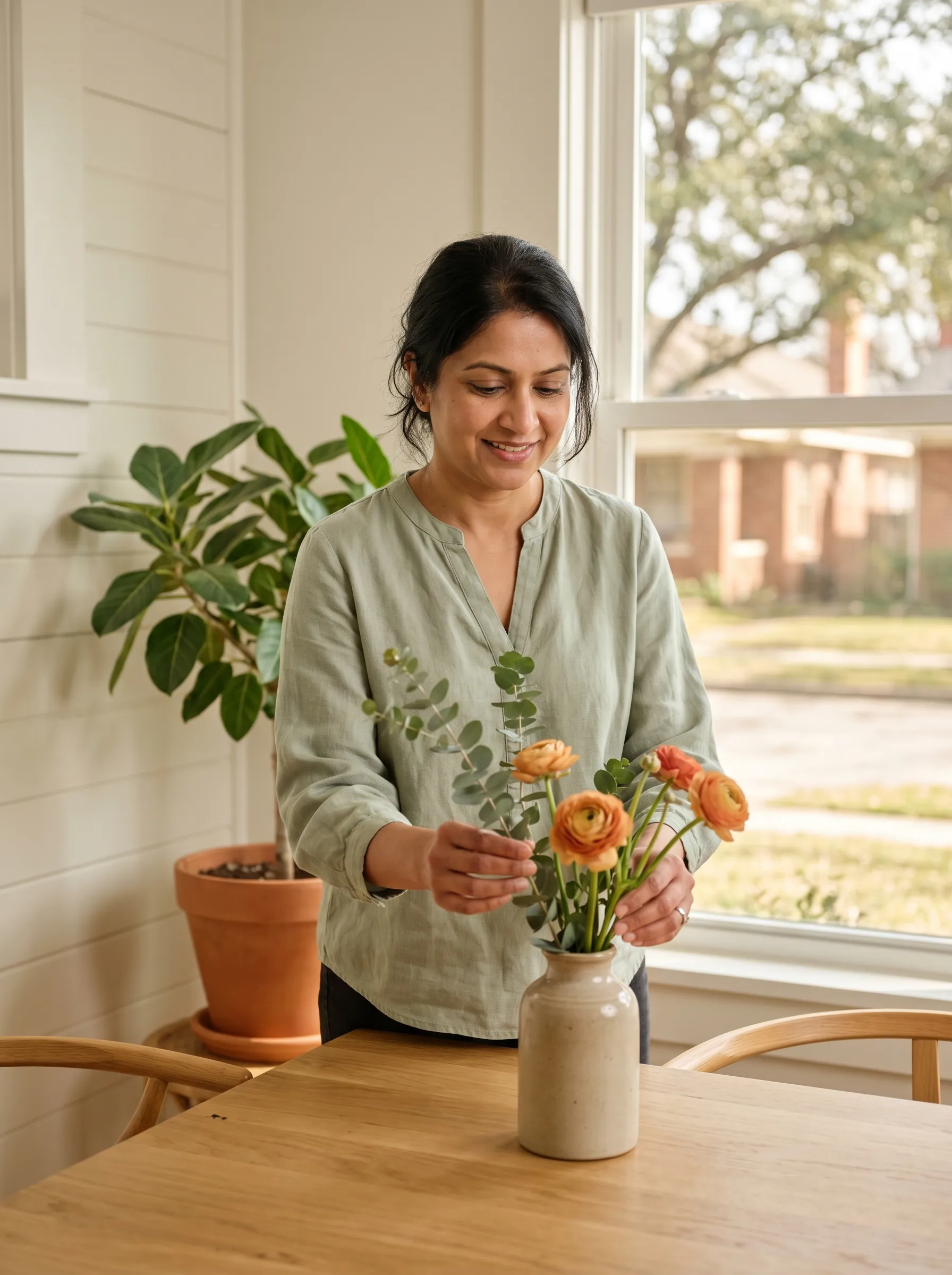 A woman arranging fresh-cut flowers in a stoneware vase at a sunlit Montrose dining table, calm and centered.