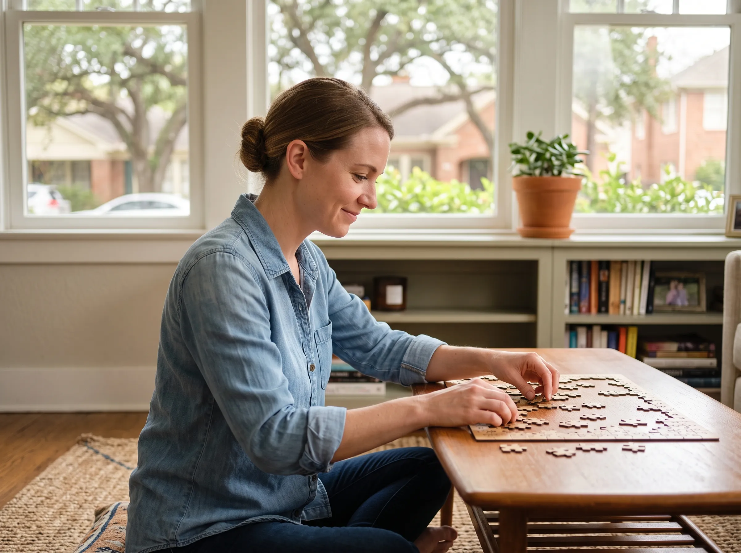 A man sitting calmly at a sunlit home desk in his Houston apartment, back to his daily routine.