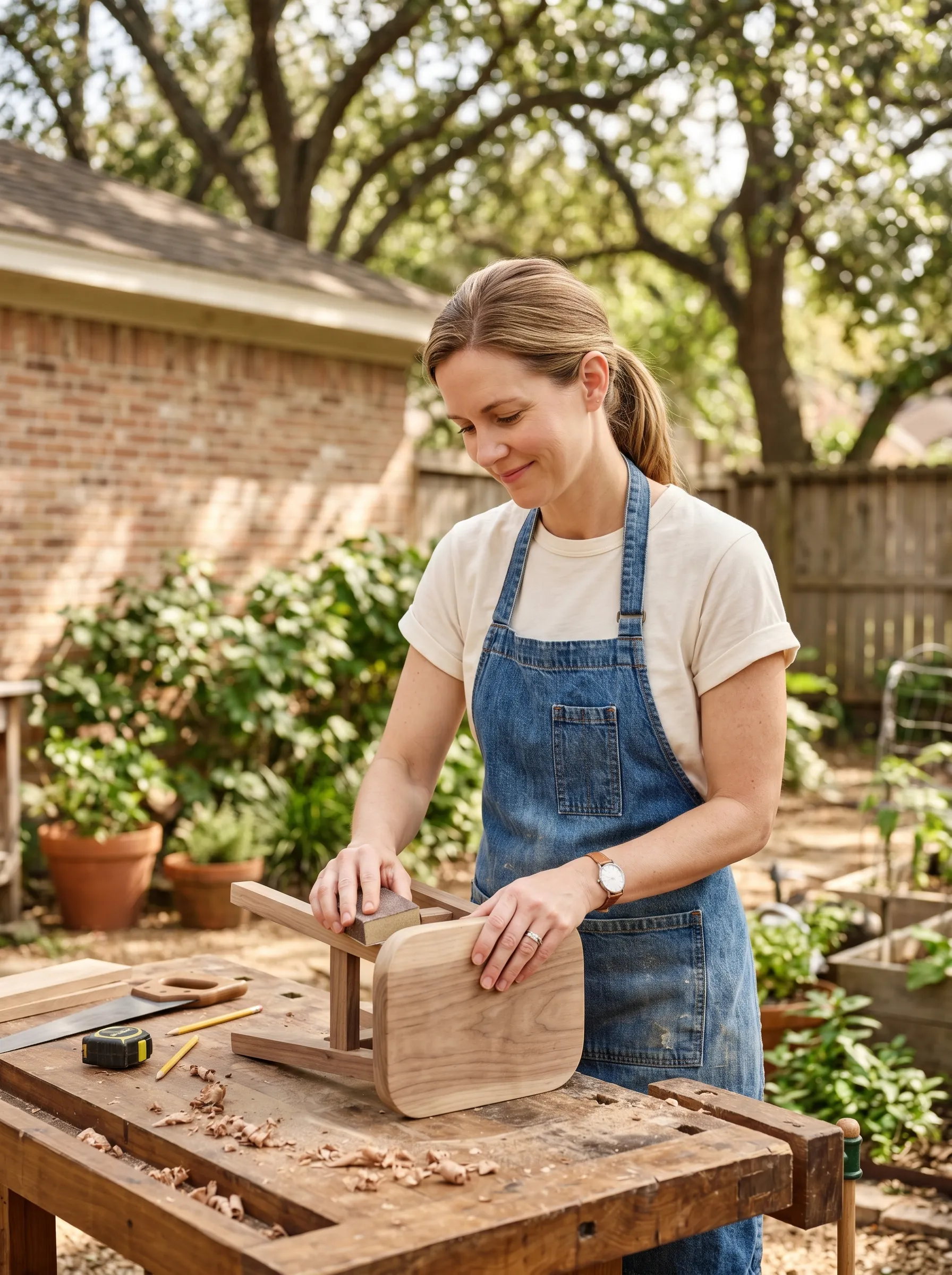 A woman in her early forties sanding a wooden stool at a sunlit backyard workbench, sleeves rolled, focused and quietly content.