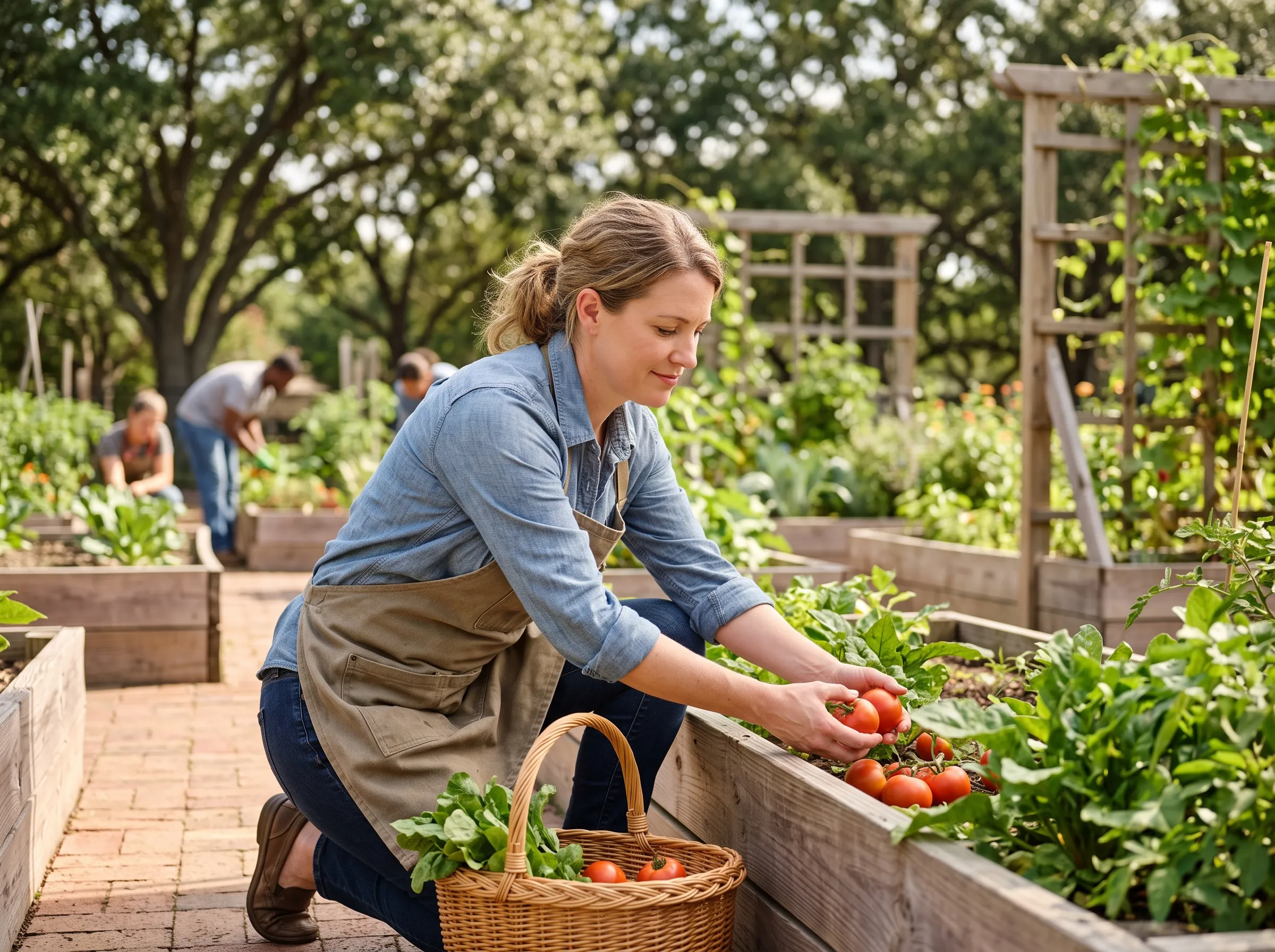A woman in her early forties kneeling at a raised bed in a sunlit Houston community garden, gathering ripe vegetables into a basket, relaxed and content.