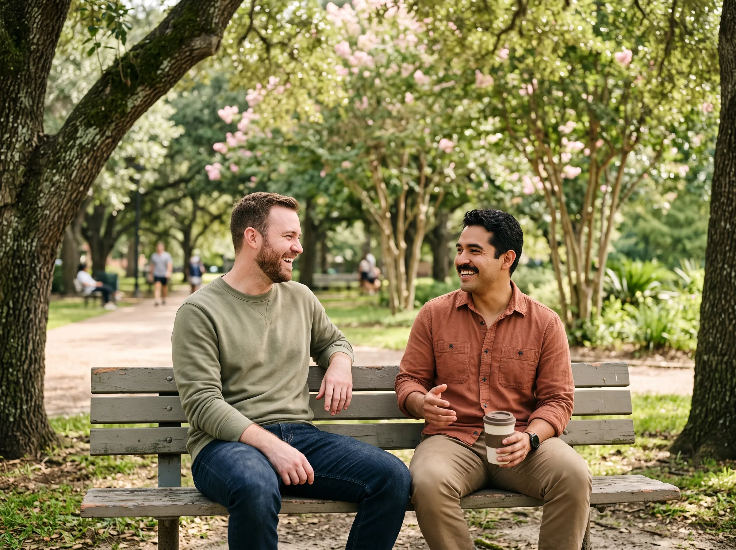 Two people talking closely on a bench in a leafy Houston park, one listening with full attention, unhurried.