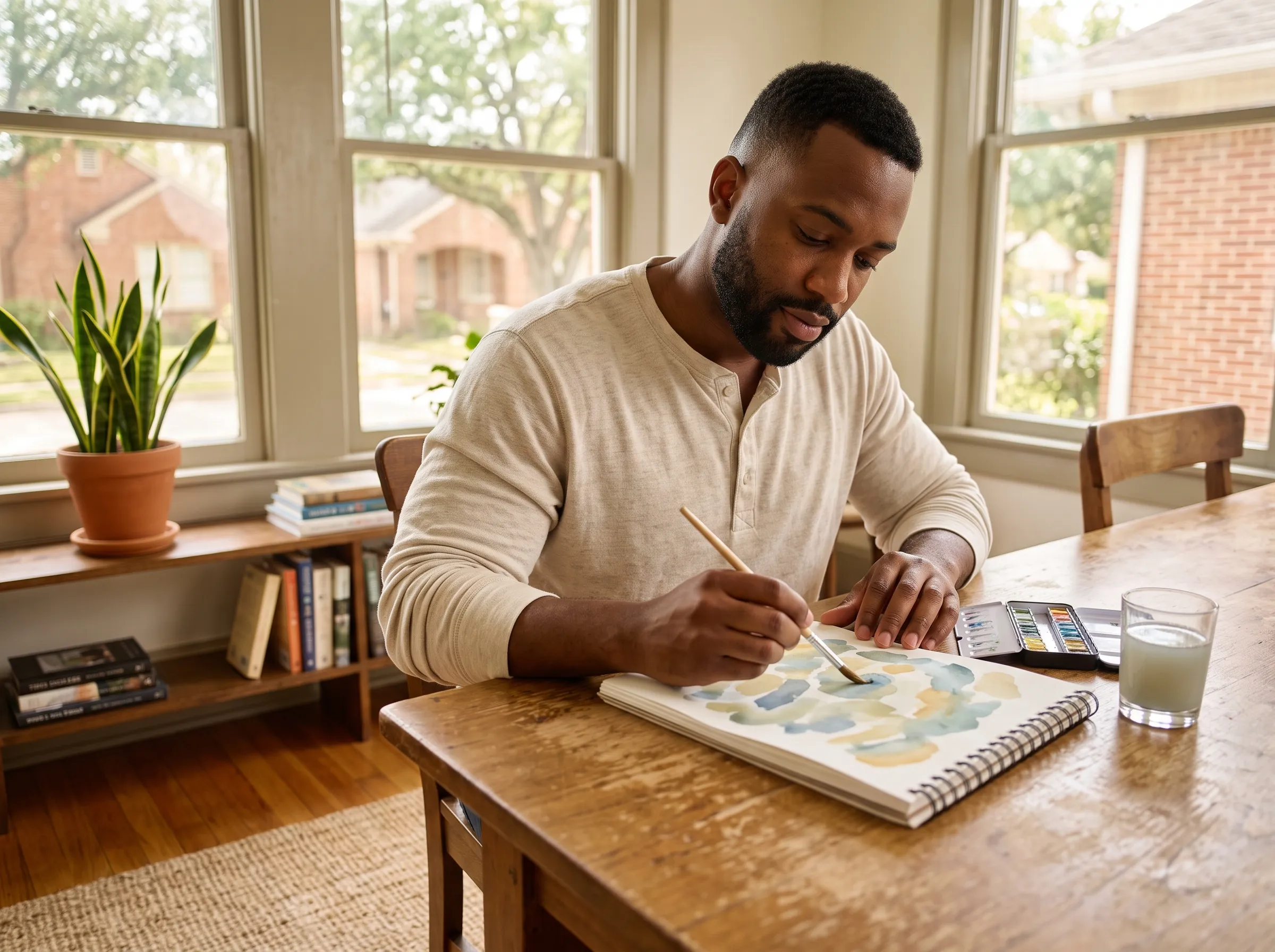A man painting soft watercolors in a sketchbook at a sunlit table in a calm Houston home, absorbed and quietly content.