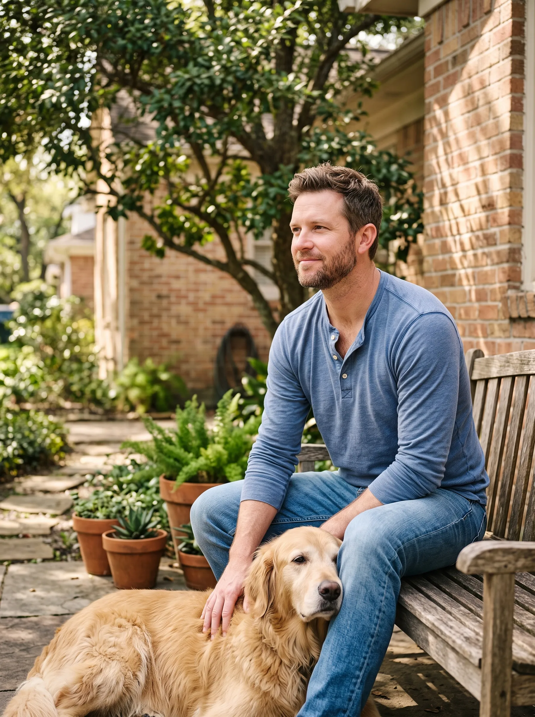 A man sitting on a bench in a sunlit Houston backyard with a calm golden retriever resting against him, one hand on the dog, quietly at ease.