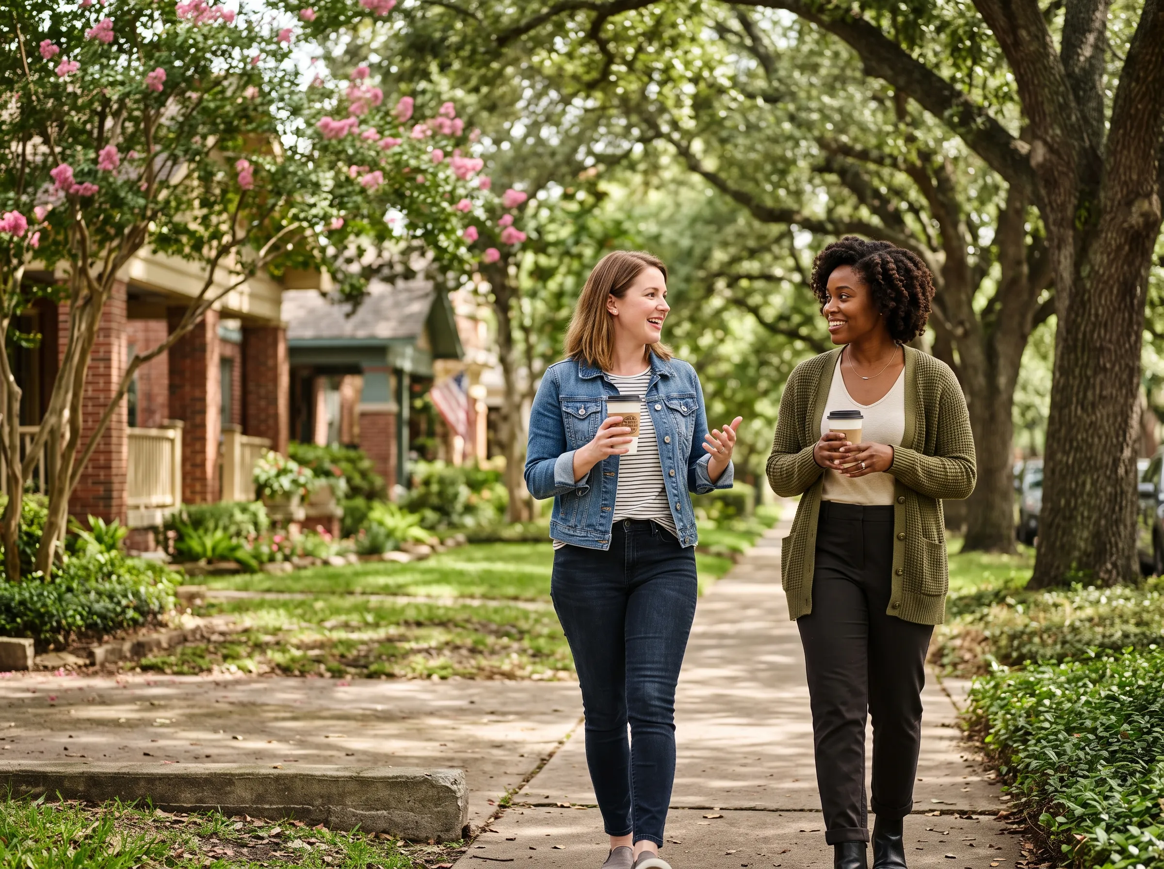Two friends walking and talking on a tree-lined Houston sidewalk, coffee cups in hand, one listening closely as the other opens up.