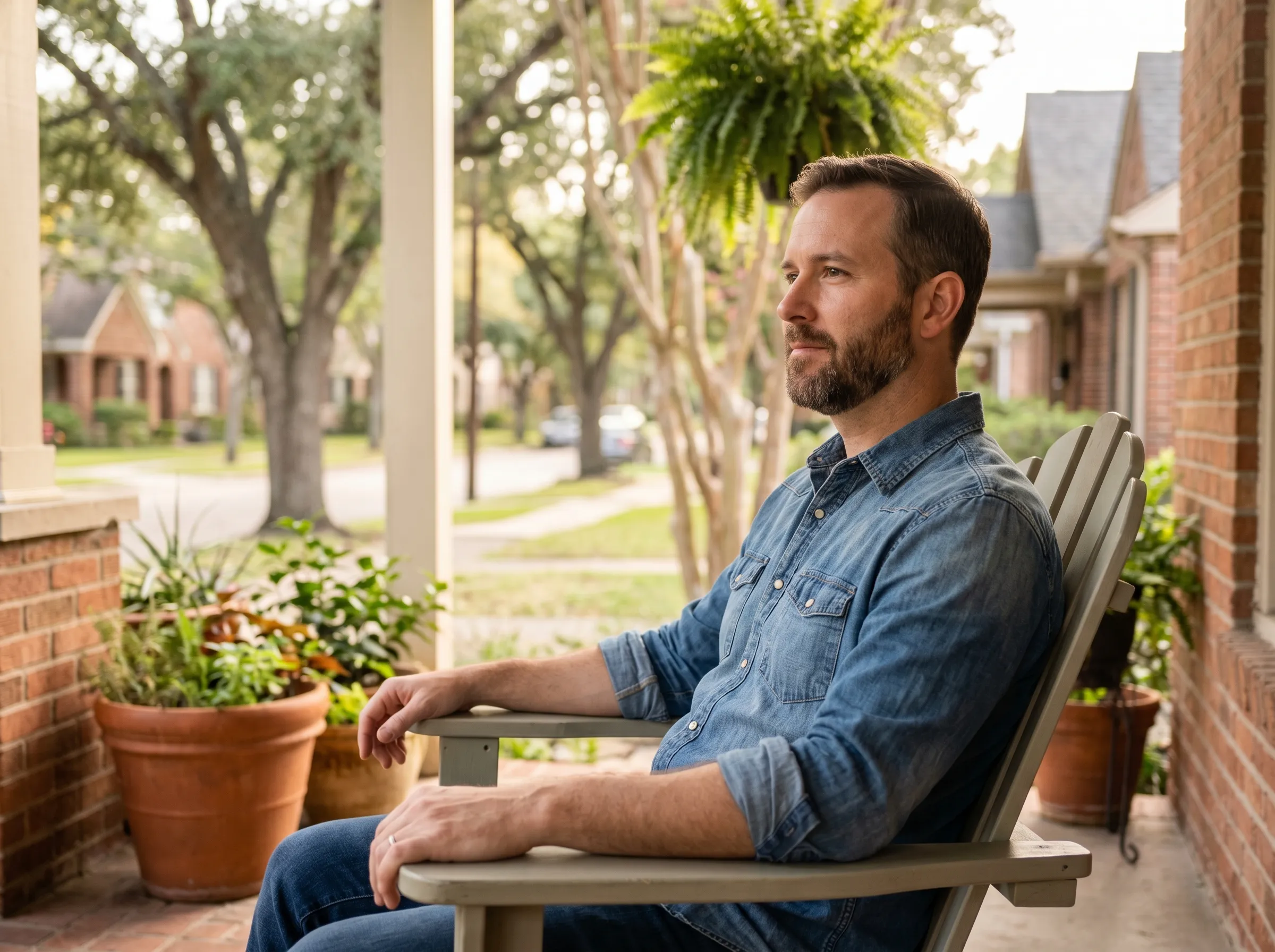 A man sitting calmly in a wooden chair on a sunlit Montrose porch, gazing out at the leafy street, grounded and at ease.