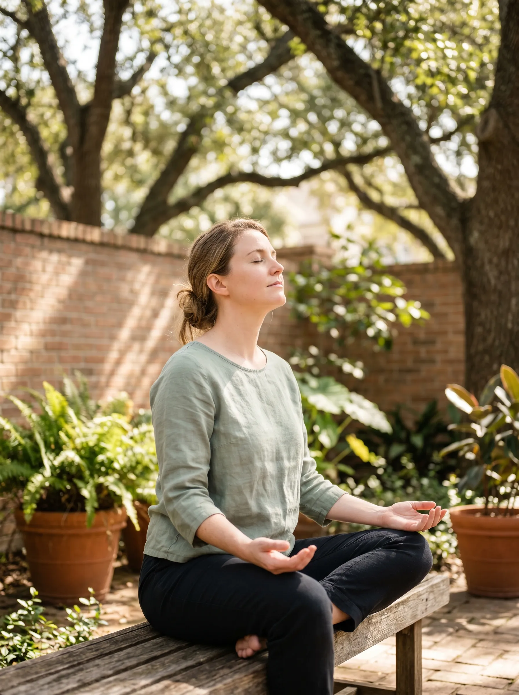 A woman sitting on a bench in a sunlit Montrose courtyard, eyes gently closed and face to the warm light, shoulders relaxed.