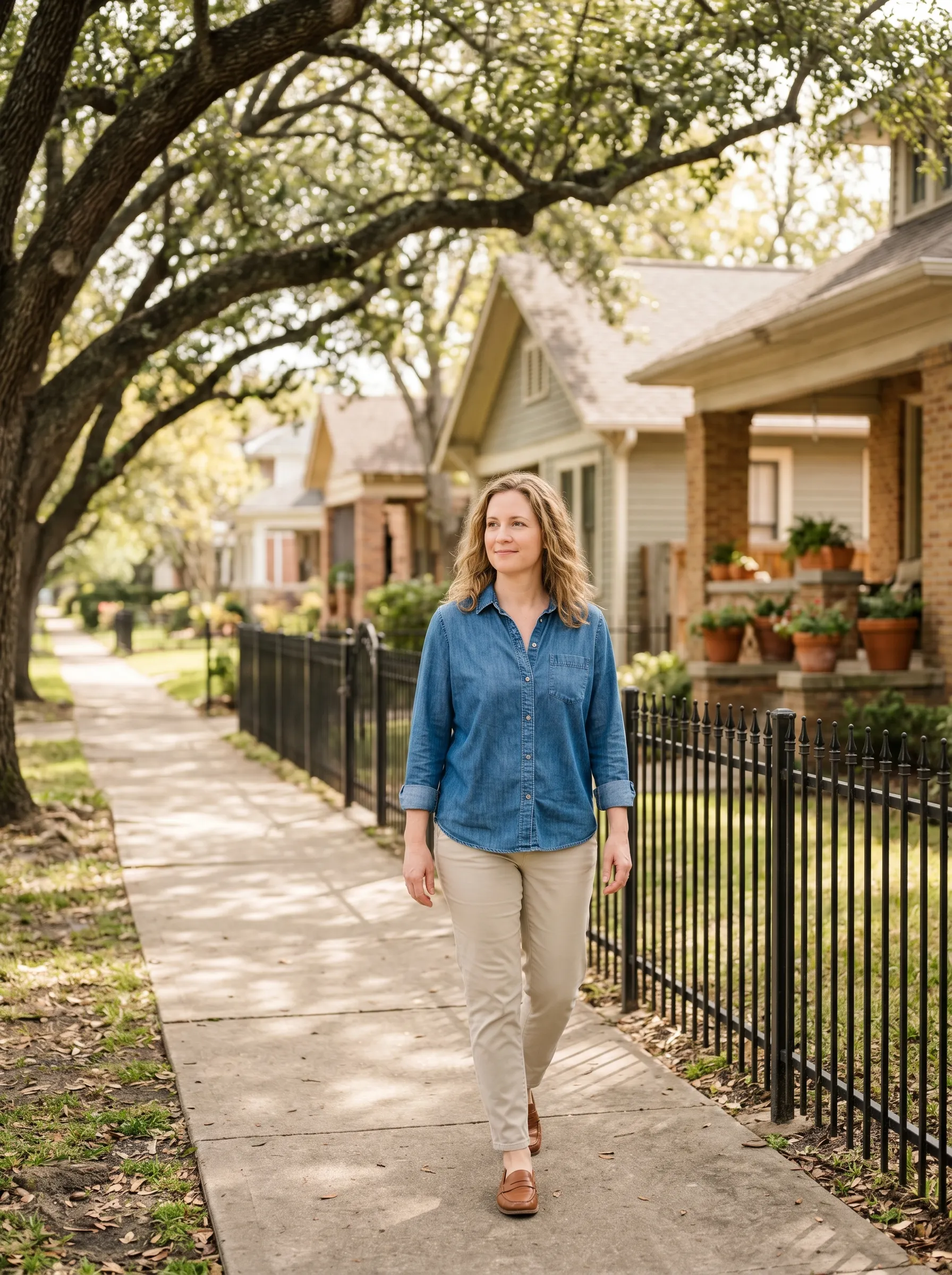 A person in their late thirties walking a tree-lined Montrose sidewalk in soft morning light, calm and unhurried.