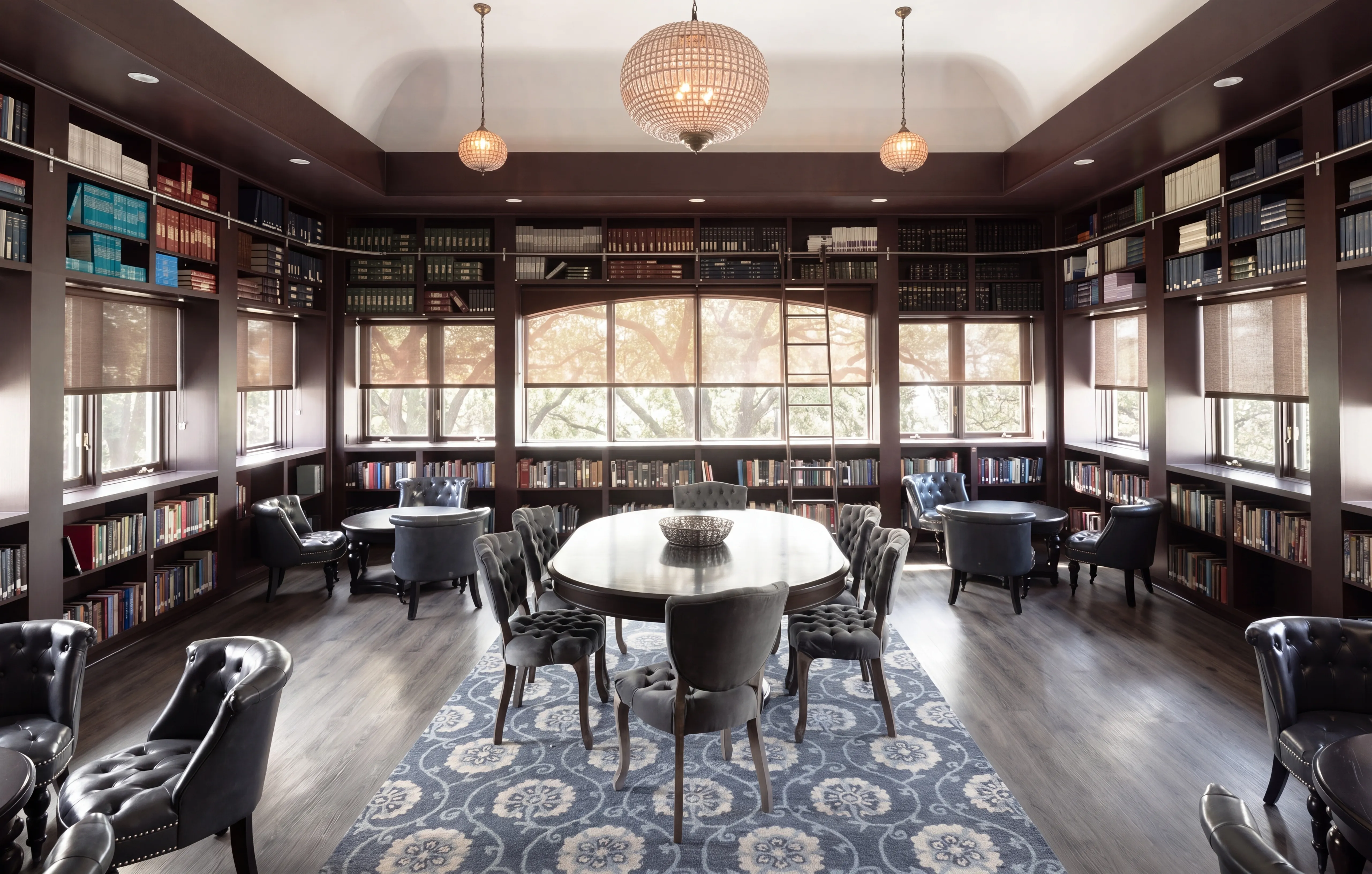 Interior library at The Lovett Center: floor-to-ceiling bookshelves on every wall, an oval table with tufted chairs at the center, pendant lights overhead.
