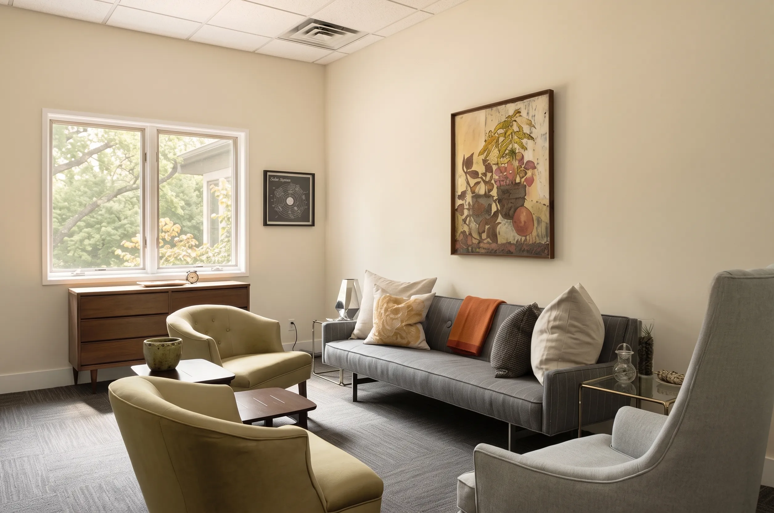 A warm, light-filled consultation room at The Lovett Center, with soft seating and a window onto the trees, in Montrose, Houston.