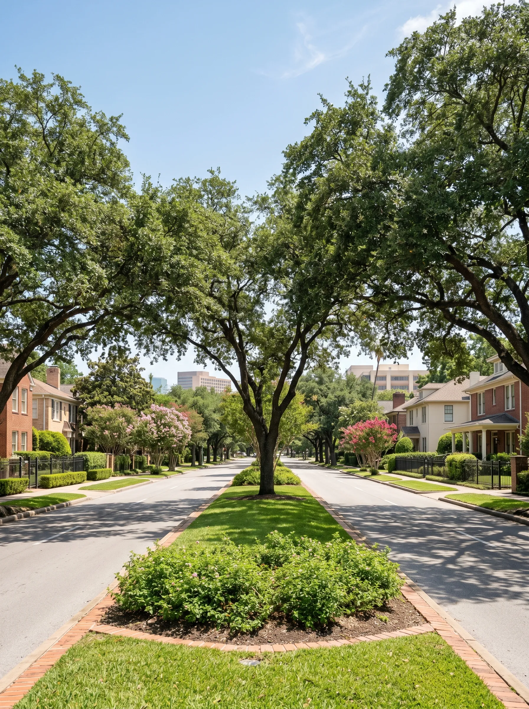 A tree-lined inner-loop Houston boulevard in warm midday light, with mature live oaks arching over low brick storefronts and a landscaped median.