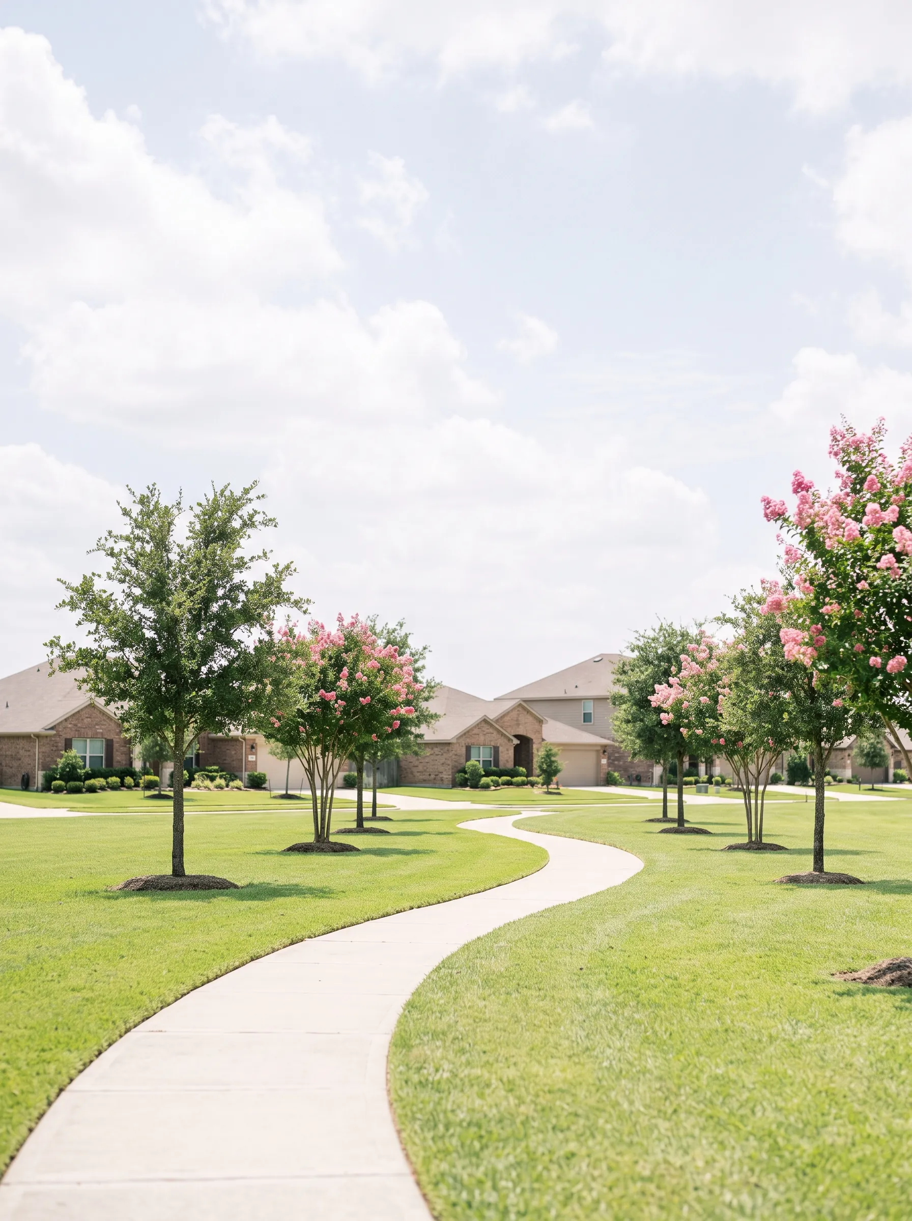 A sunlit master-planned Katy neighborhood green west of Houston, a curving path and young live oaks across an open lawn beneath a wide bright Texas sky.
