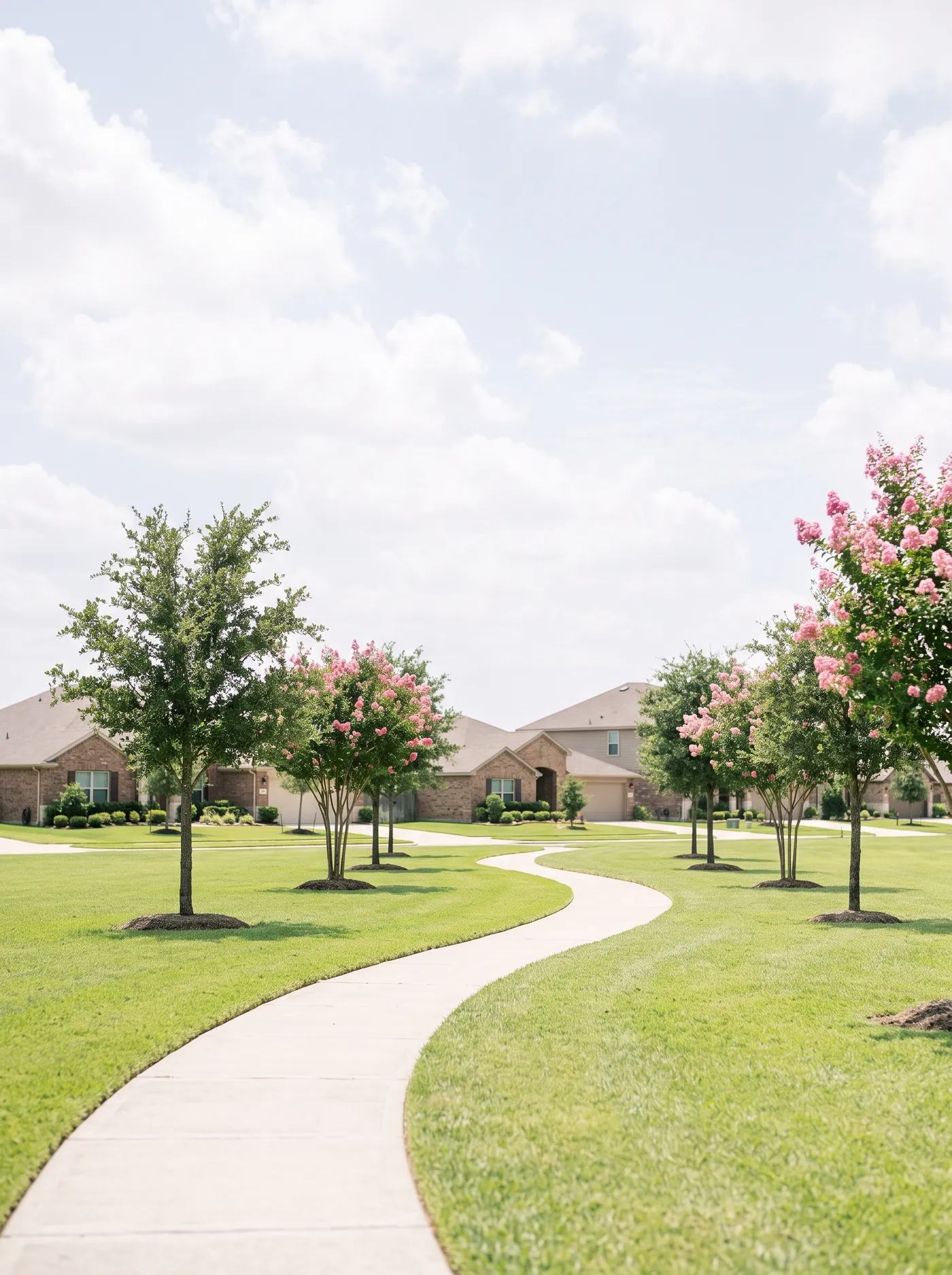A sunlit master-planned Katy neighborhood green west of Houston, a curving path and young live oaks across an open lawn beneath a wide bright Texas sky.