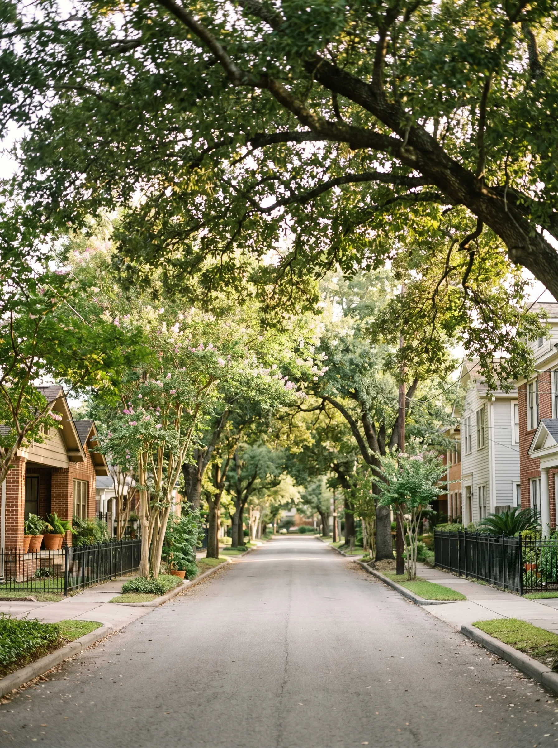 A quiet, tree-lined street in Houston's Montrose neighborhood, with mature live oaks arching over historic brick facades in warm late-afternoon light.