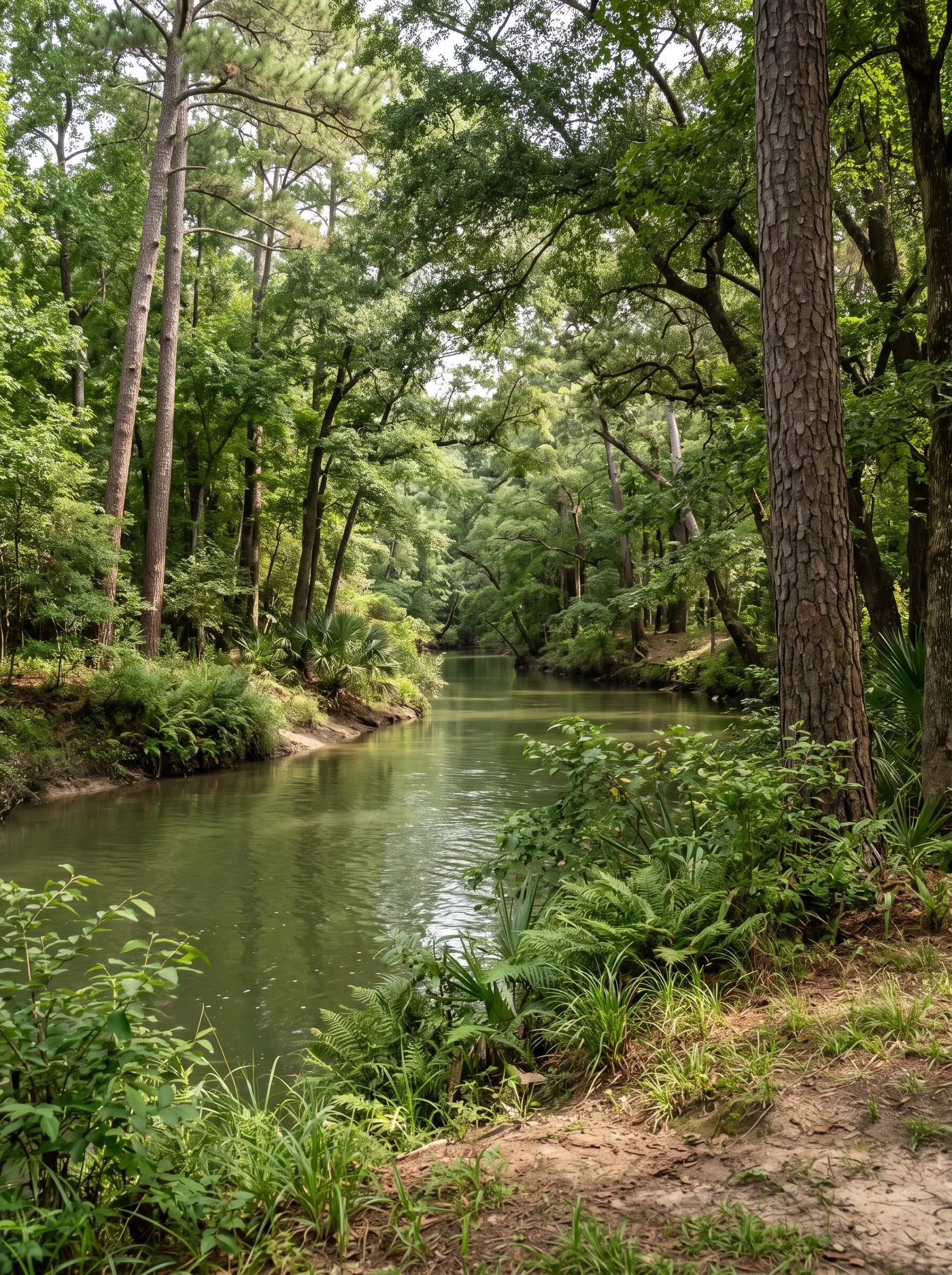 A quiet bend of Buffalo Bayou winding through the wooded green of Houston’s Memorial corridor, slow water curving between banks of tall loblolly pines and live oaks in soft late-morning light.