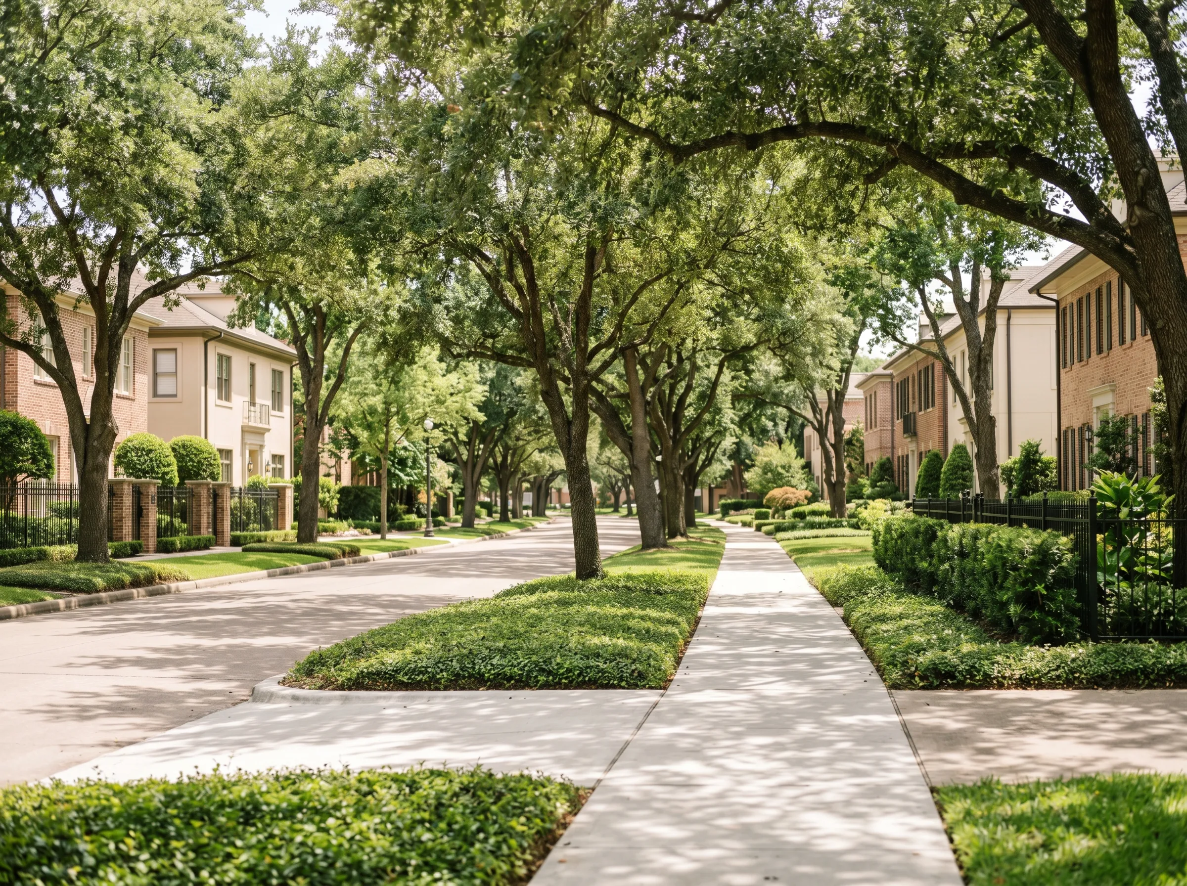 A quiet, tree-lined street in Houston's Montrose, with mature live oaks and historic low-rise buildings in bright midday light.
