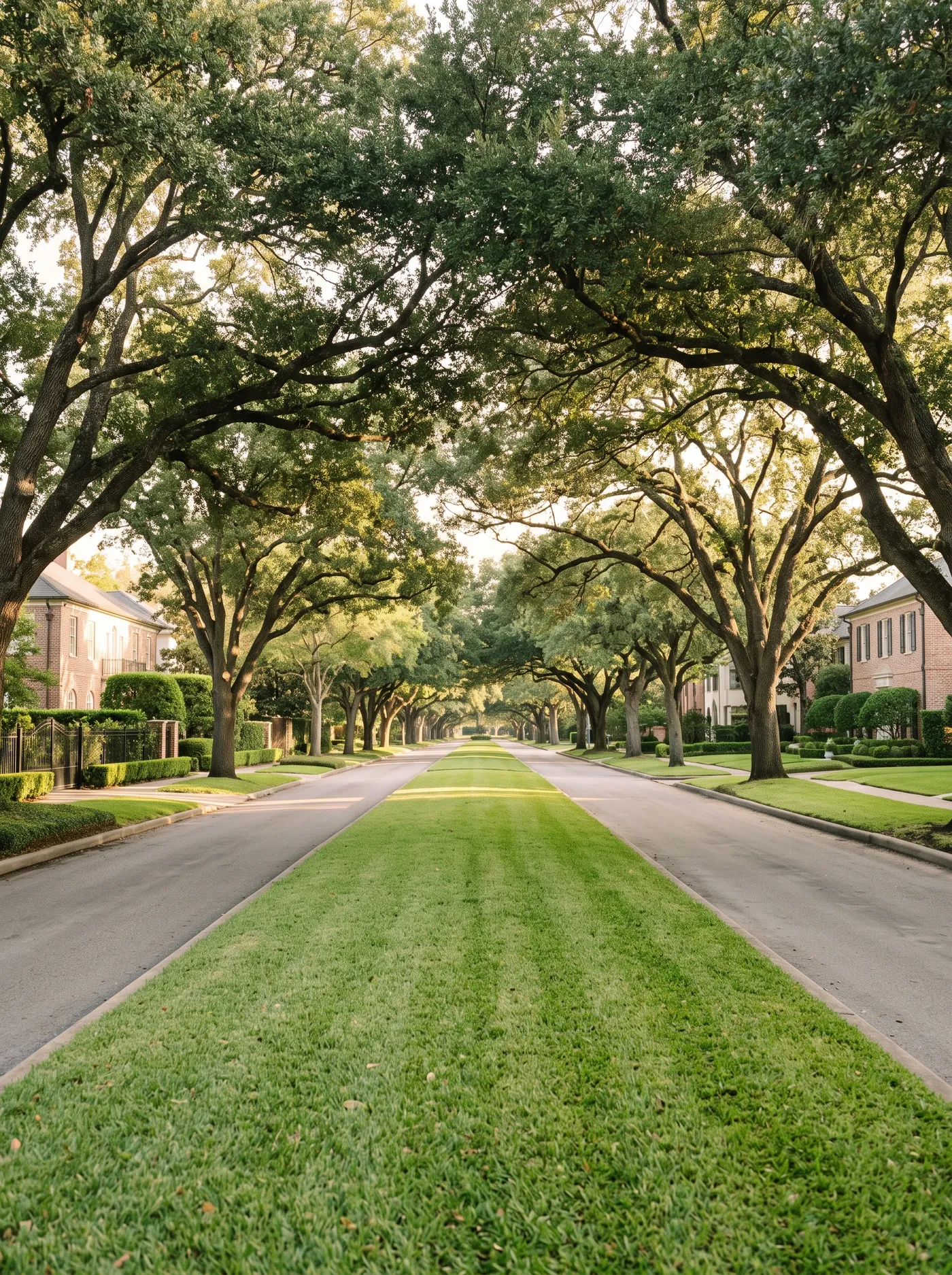 The live-oak-lined esplanade of River Oaks Boulevard at golden morning light, the broad tree canopy arching over a quiet, manicured median.