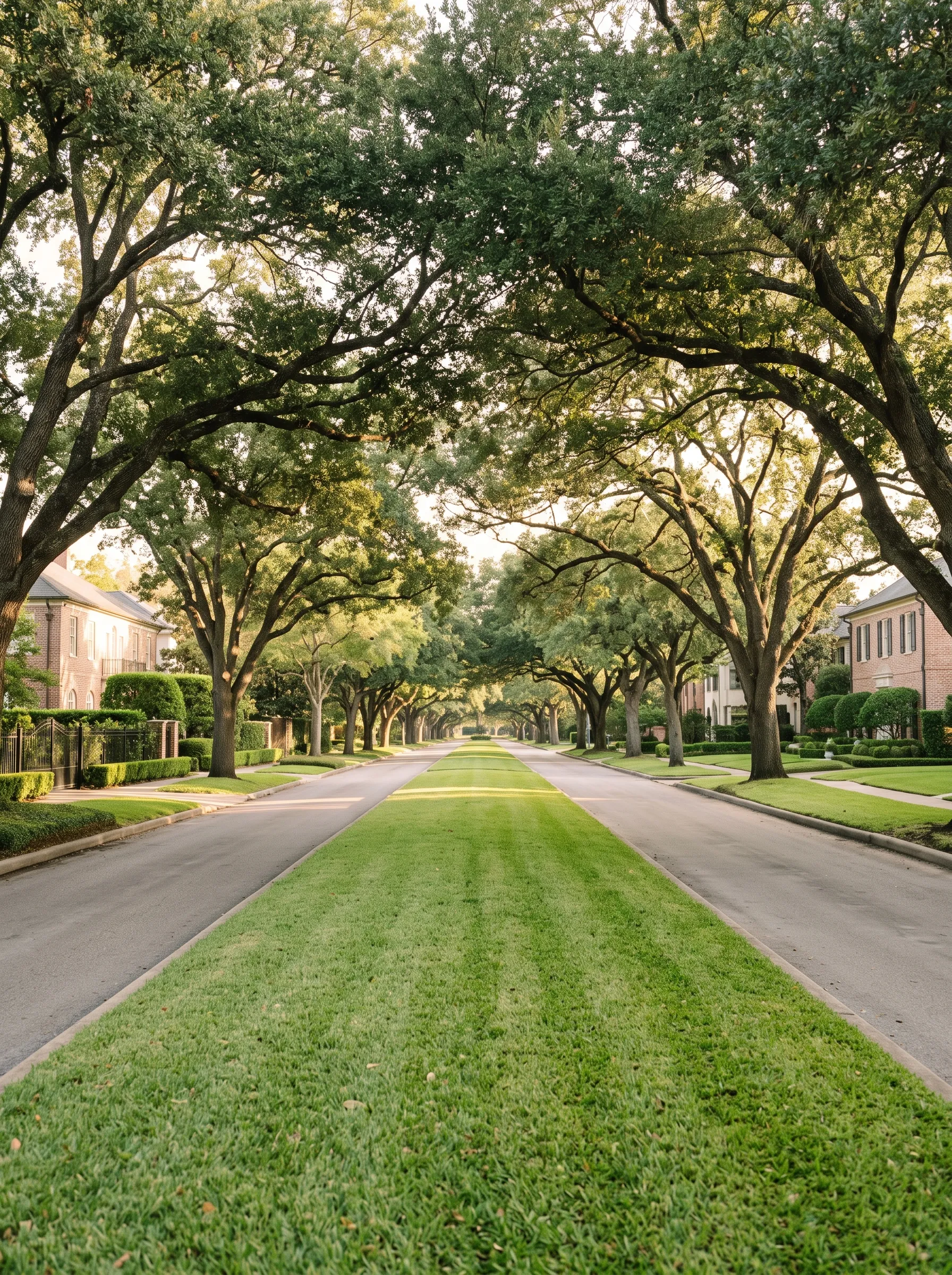 The live-oak-lined esplanade of River Oaks Boulevard at golden morning light, the broad tree canopy arching over a quiet, manicured median.