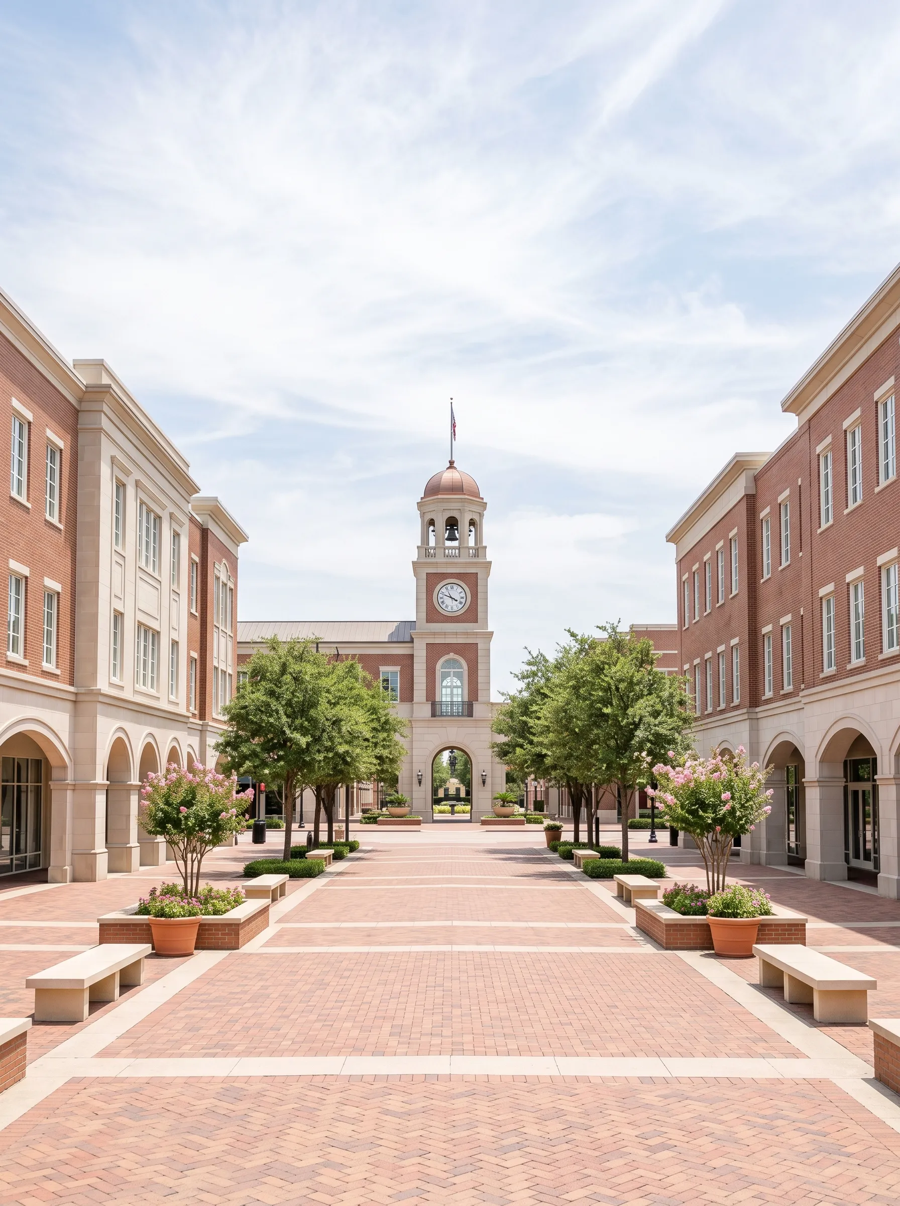 A quiet, sunlit Sugar Land town-square plaza southwest of Houston, warm red-brick civic buildings and a clock tower around an open paved plaza with young live oaks and crepe myrtles, beneath a wide bright Texas sky.