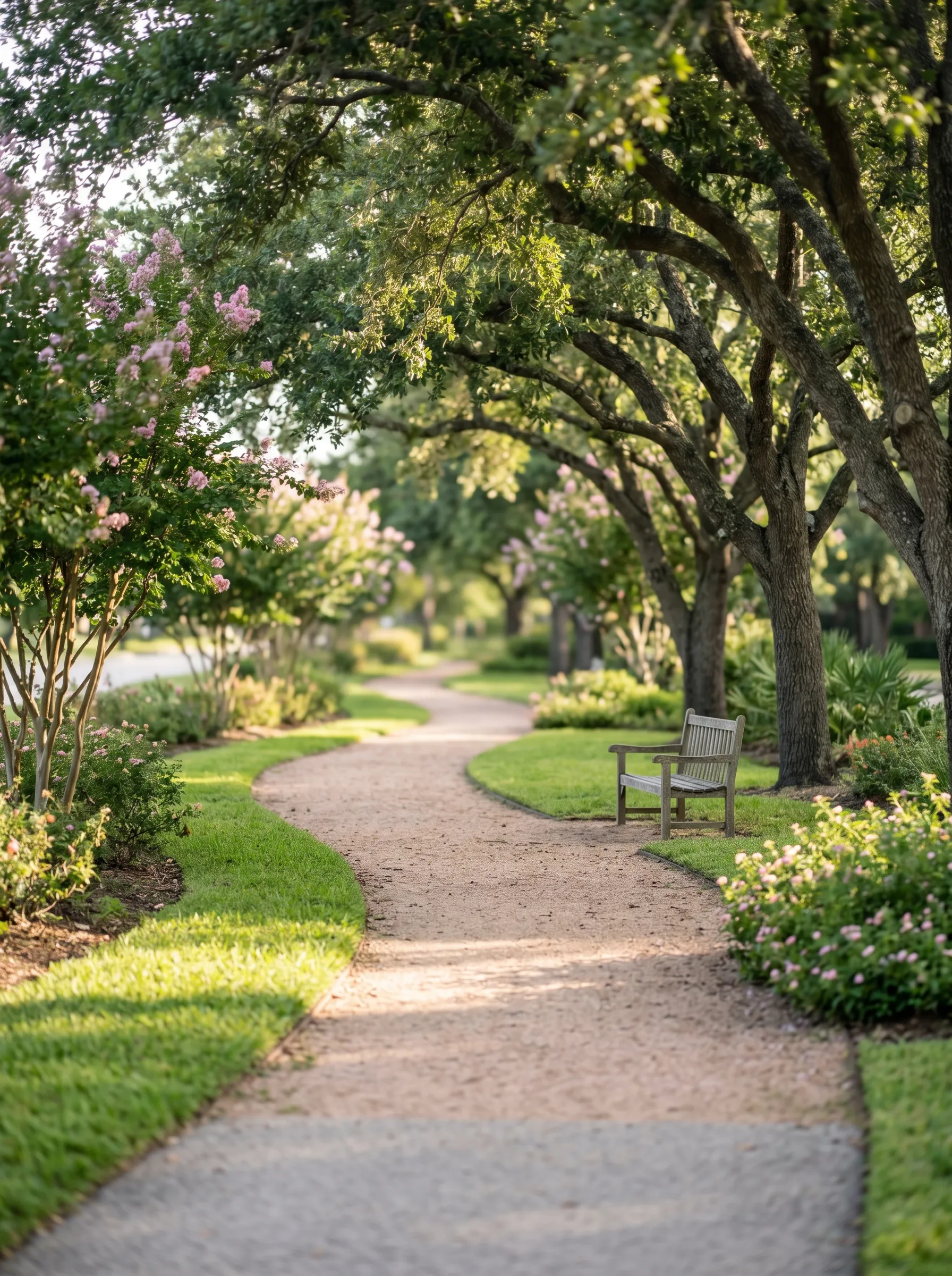 A tree-lined walking and biking trail in the Houston Heights, dappled with warm morning light beneath arching live oaks.
