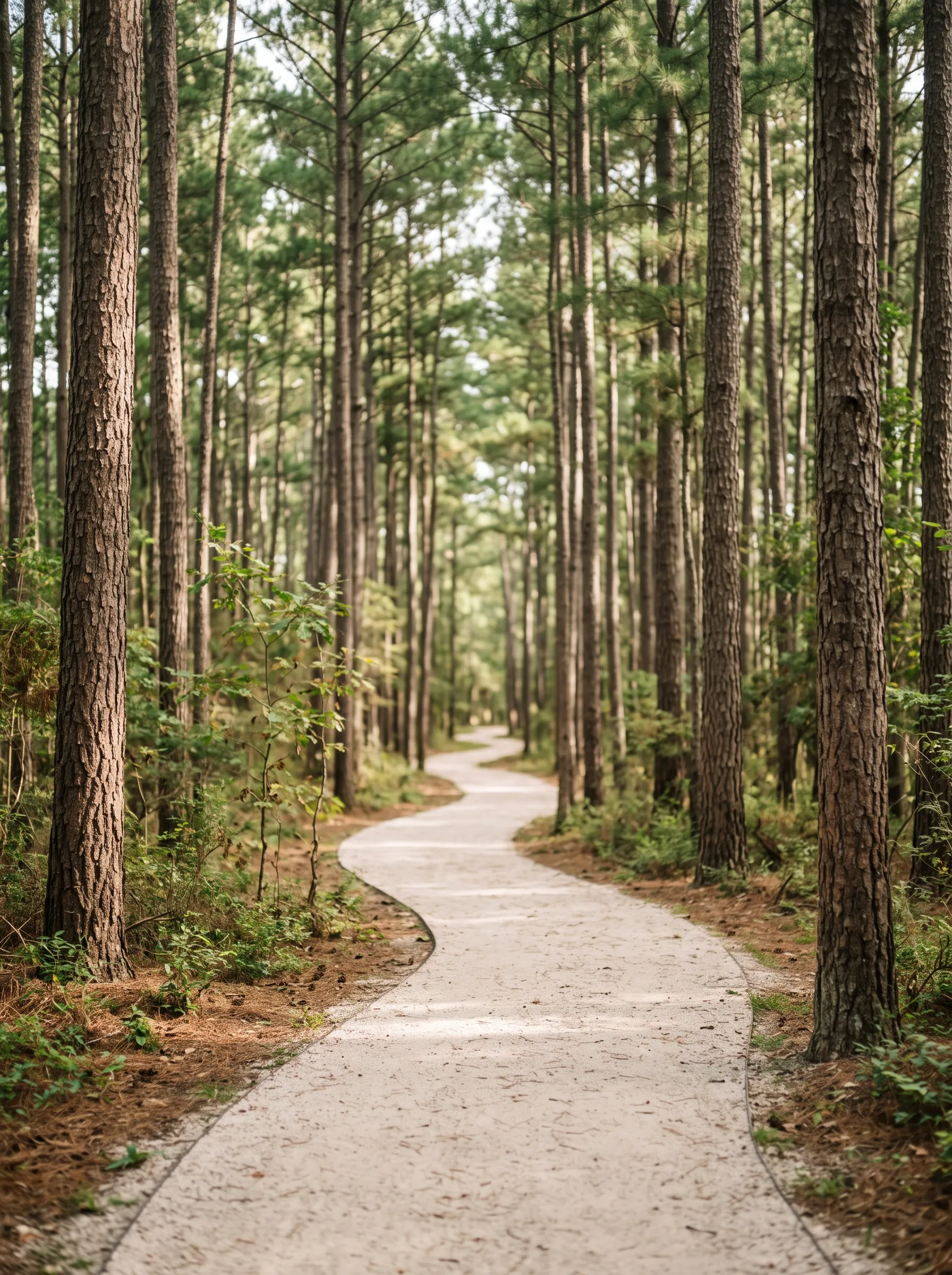 A quiet, sunlit greenbelt path winding deep beneath the tall loblolly pines of The Woodlands north of Houston, straight evergreen trunks rising on both sides under a high green canopy in soft mid-morning light.