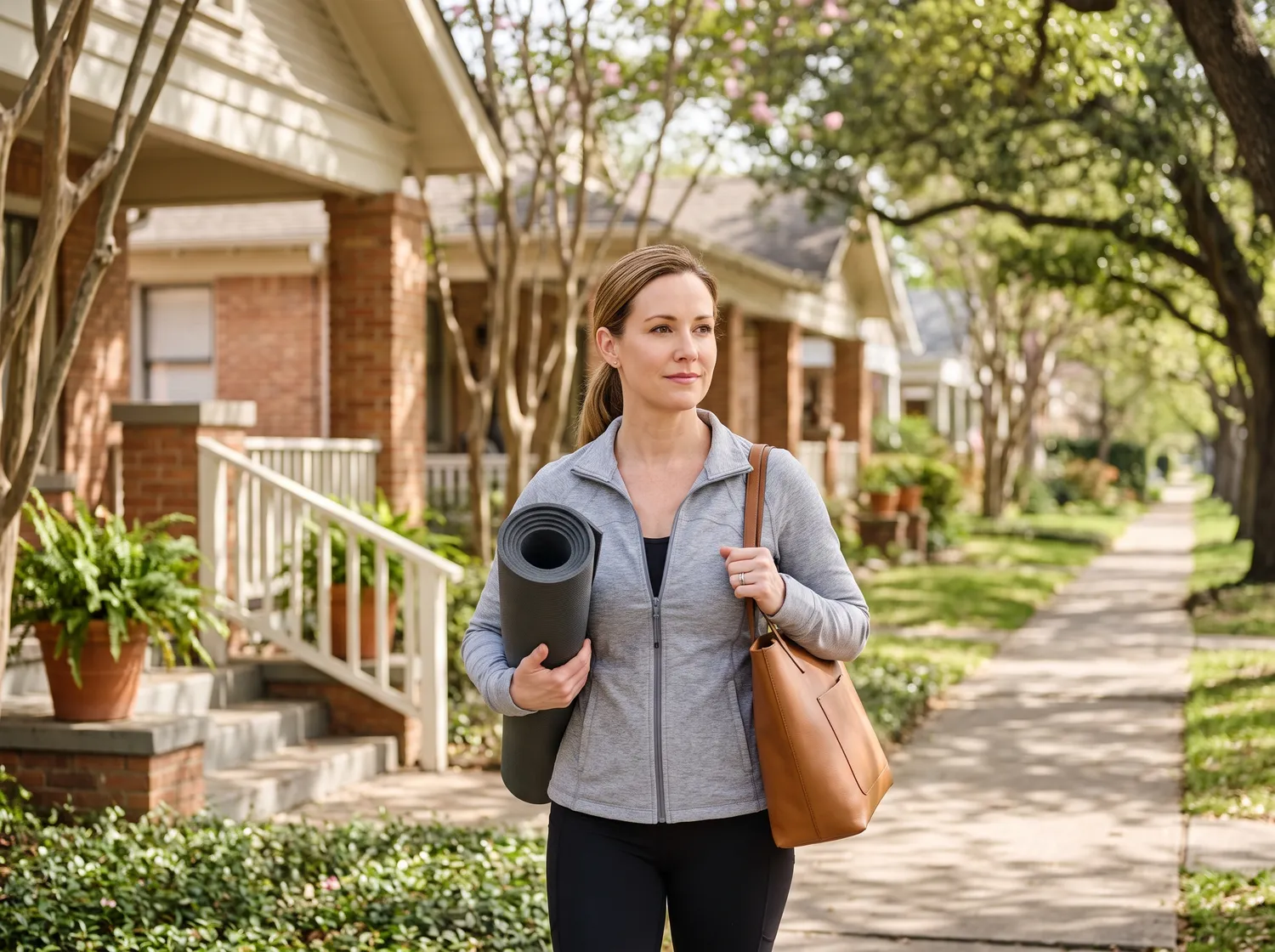 Two adults in their forties walking side by side along a leafy Houston sidewalk under crepe myrtles, mid-conversation, one listening intently, in warm late-morning light.