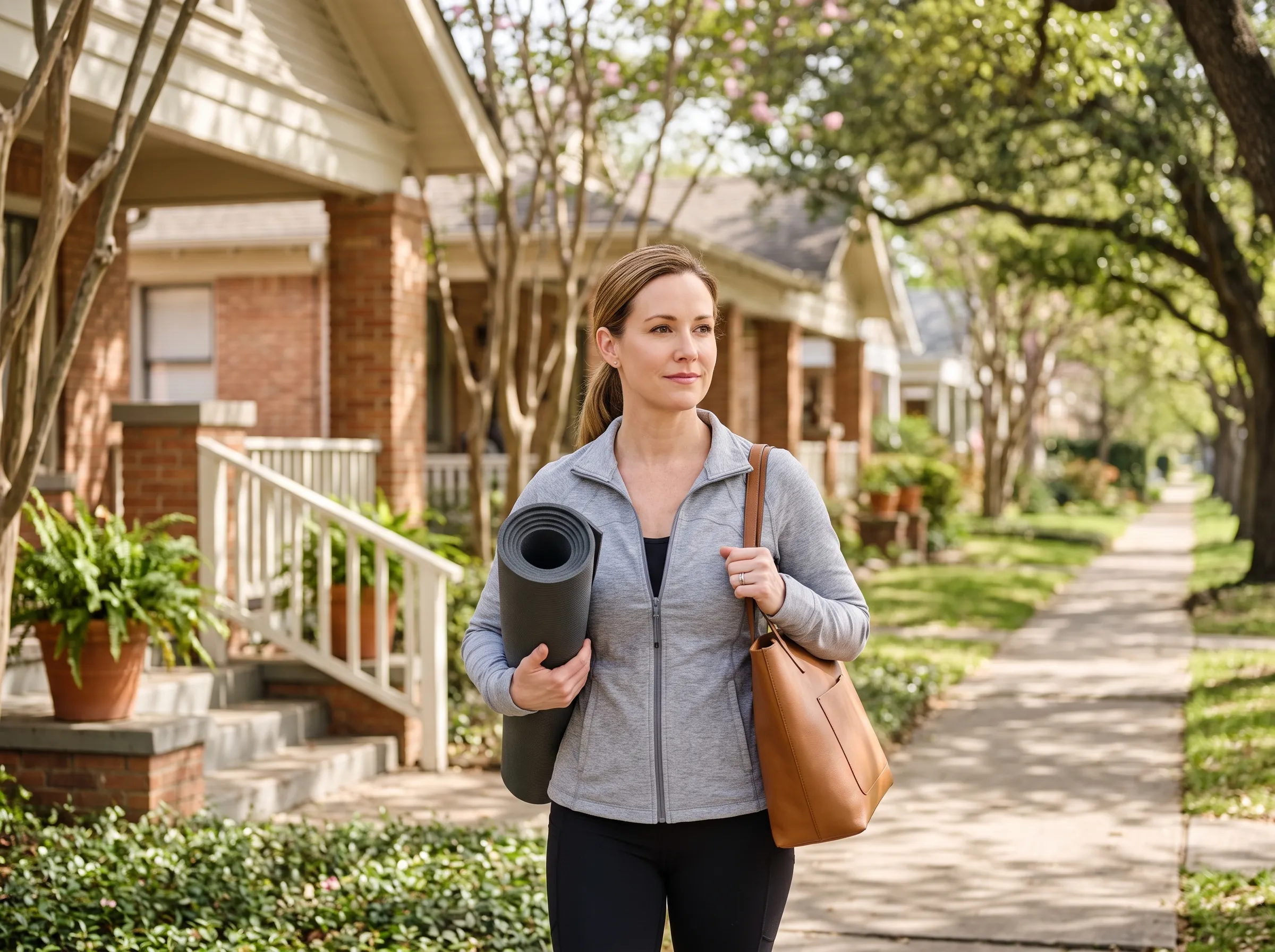 Two adults in their forties walking side by side along a leafy Houston sidewalk under crepe myrtles, mid-conversation, one listening intently, in warm late-morning light.