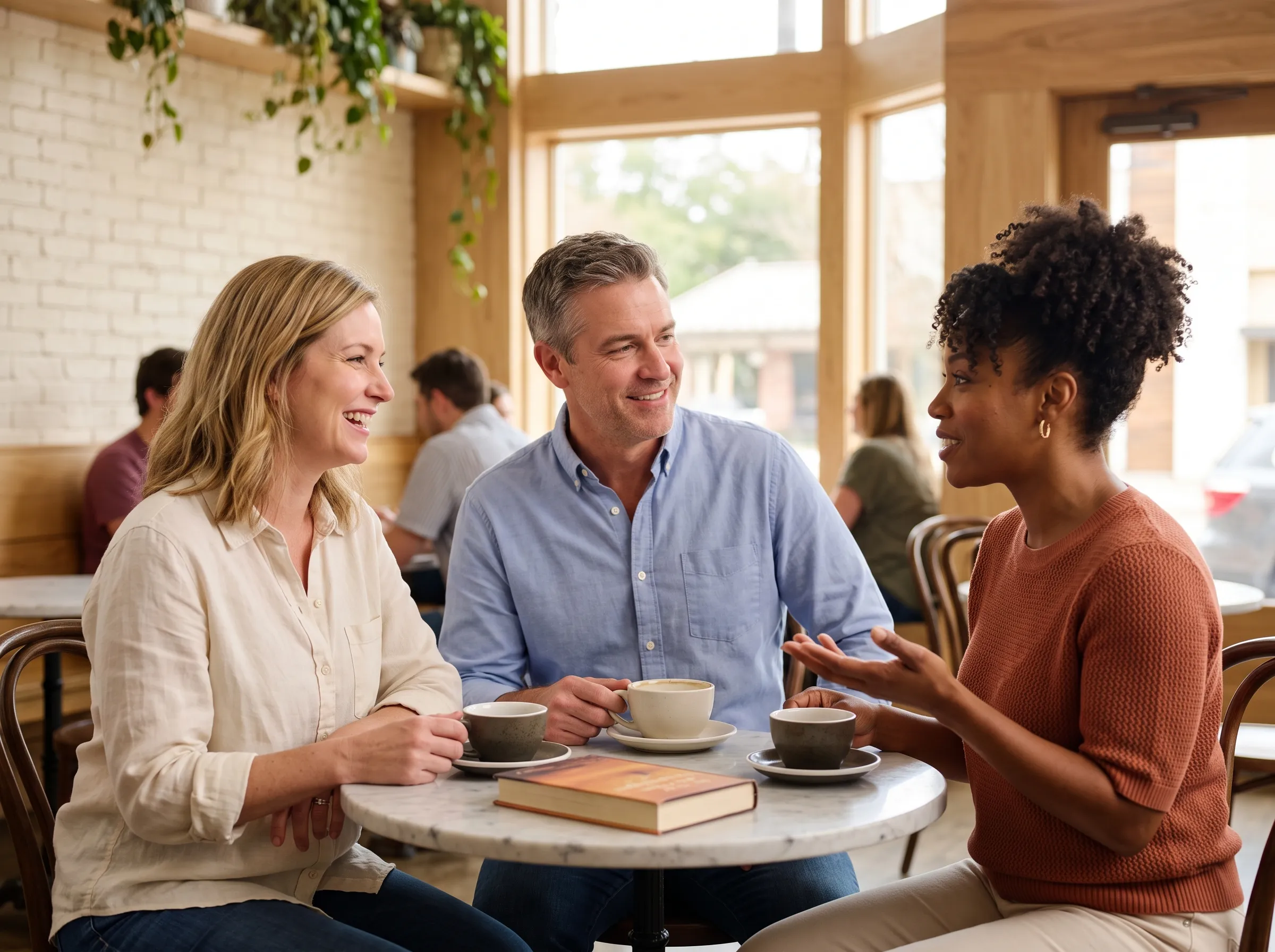 Four adults in easy conversation around a warm wood table in a light-filled Montrose room, late-morning window light, one mid-sentence and another listening with a relaxed smile.