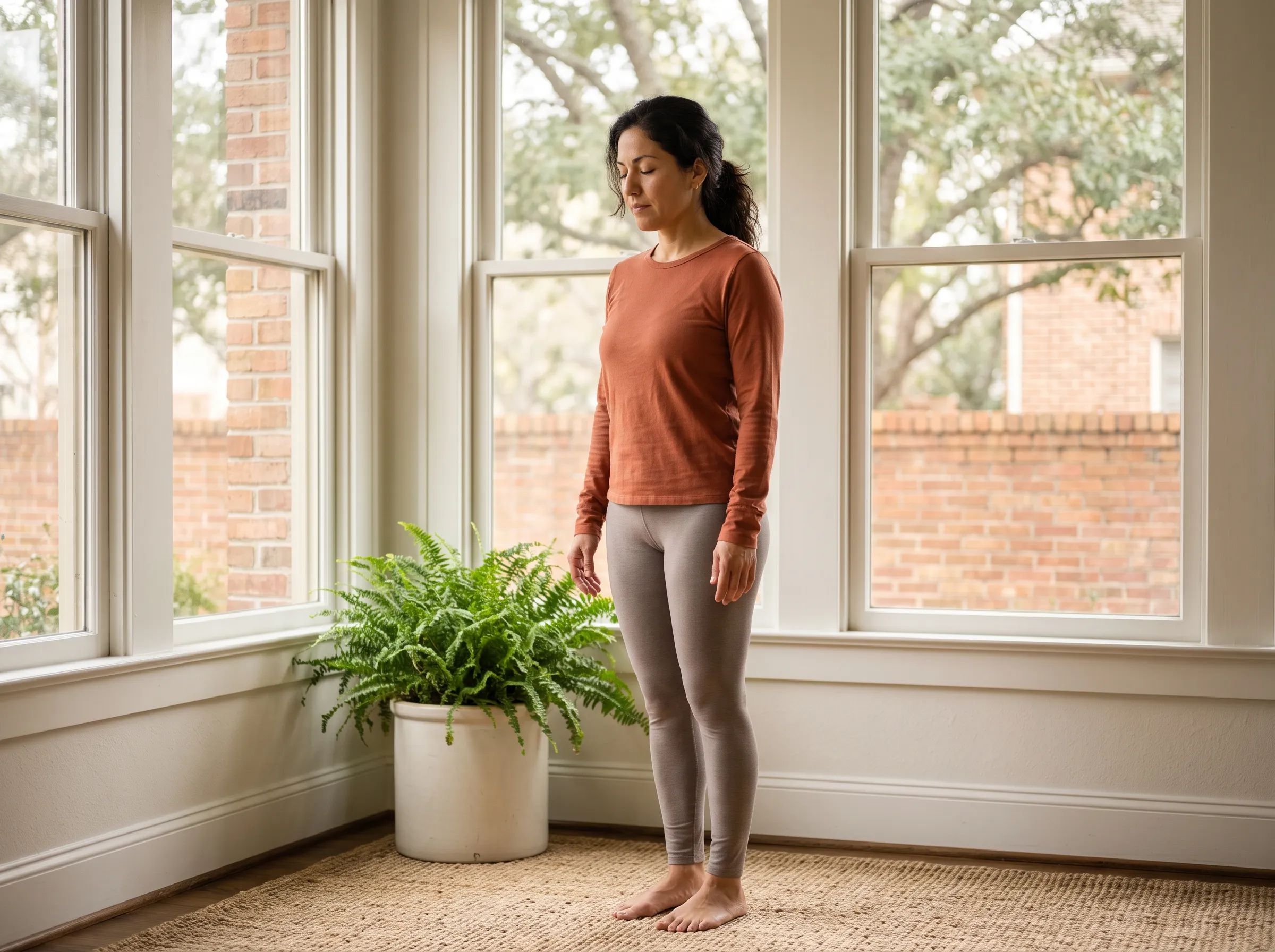 A woman in her early forties in a calm standing stretch beside a sunlit window in a light-filled Montrose home, grounded and quietly well in soft mid-morning light.