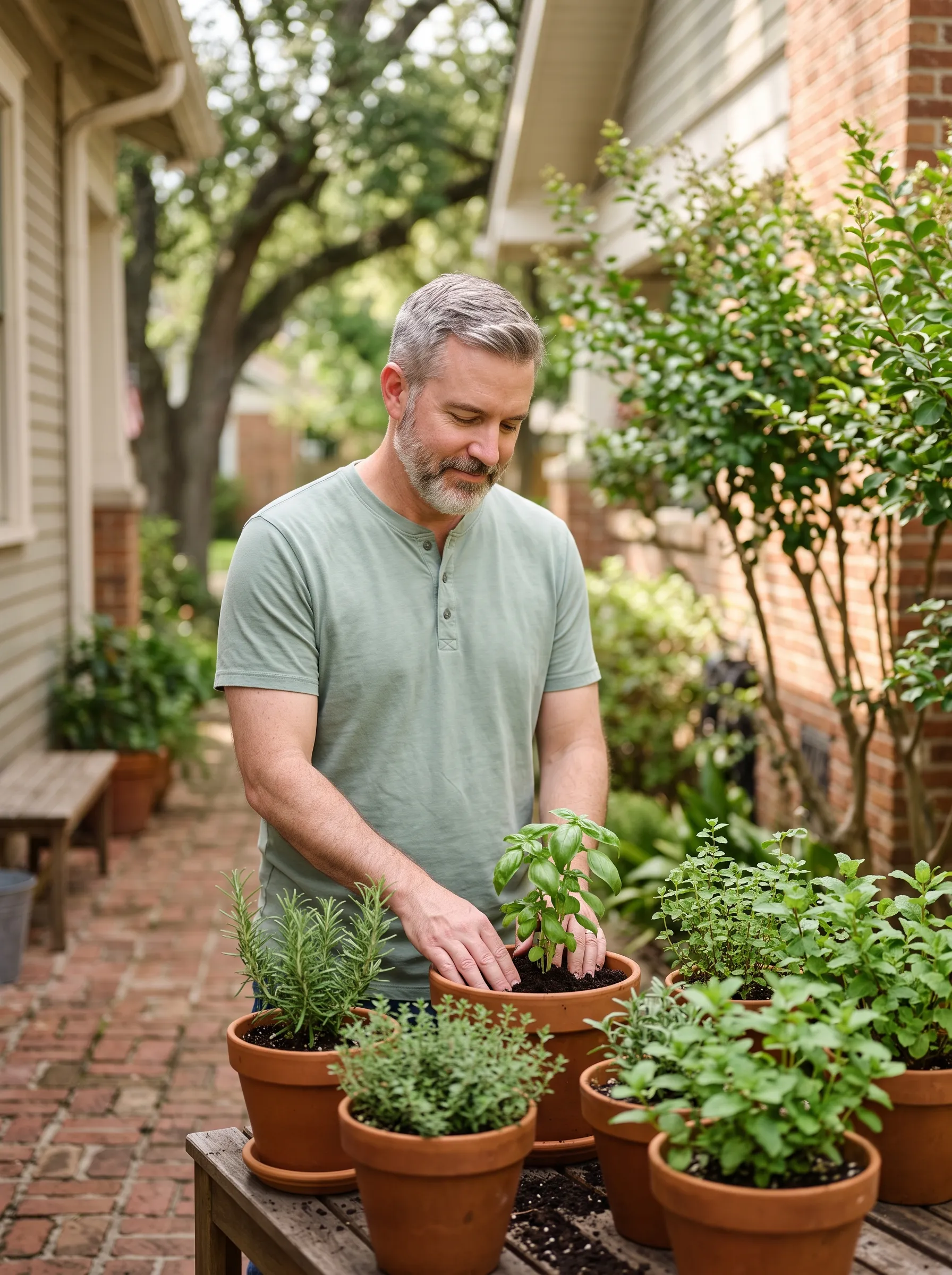 A man in his early fifties tending potted herbs in terracotta pots on a warm brick Montrose patio in mid-morning light, calm and unhurried, live oaks behind him.