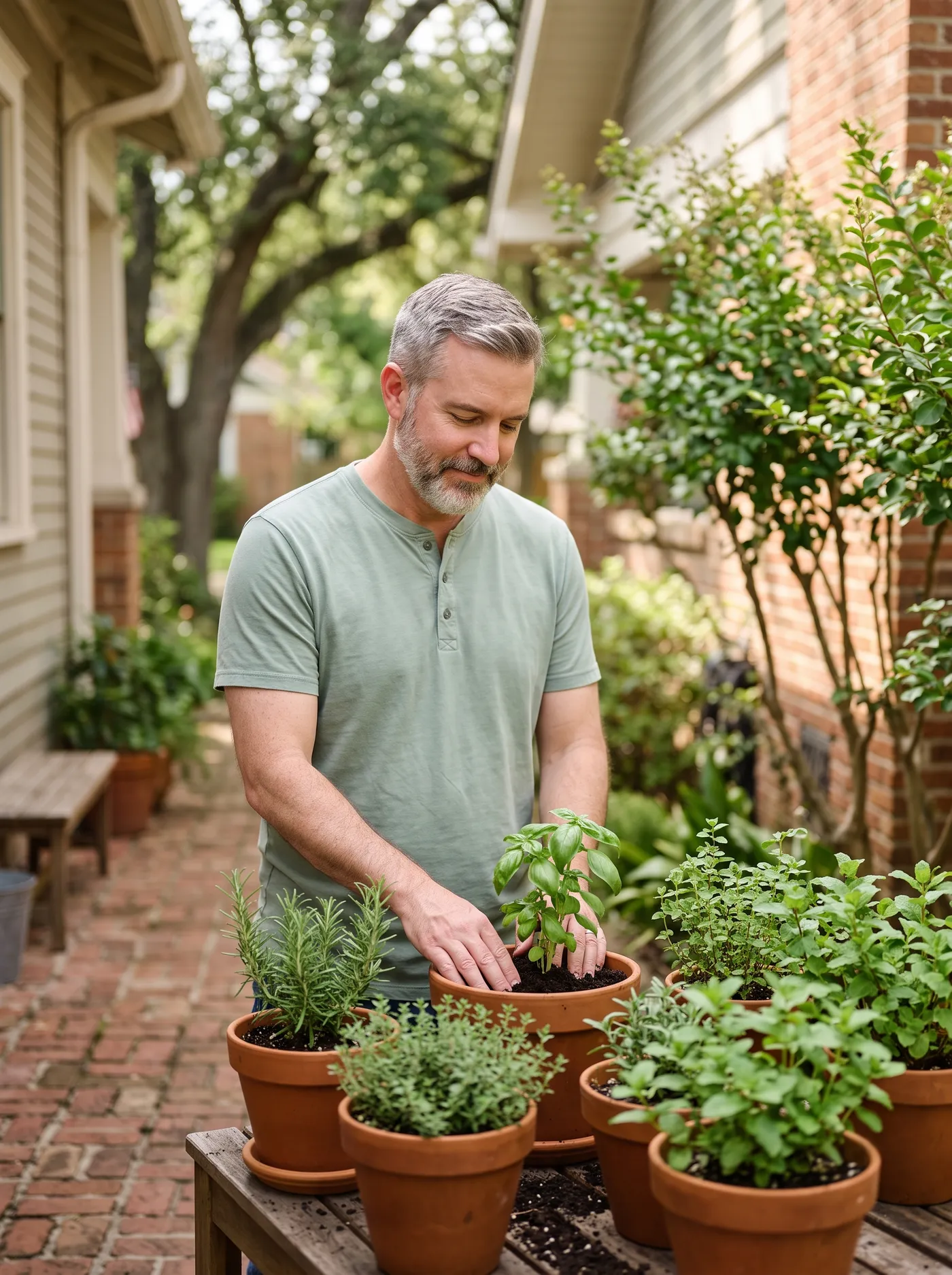 A man in his early fifties tending potted herbs in terracotta pots on a warm brick Montrose patio in mid-morning light, calm and unhurried, live oaks behind him.