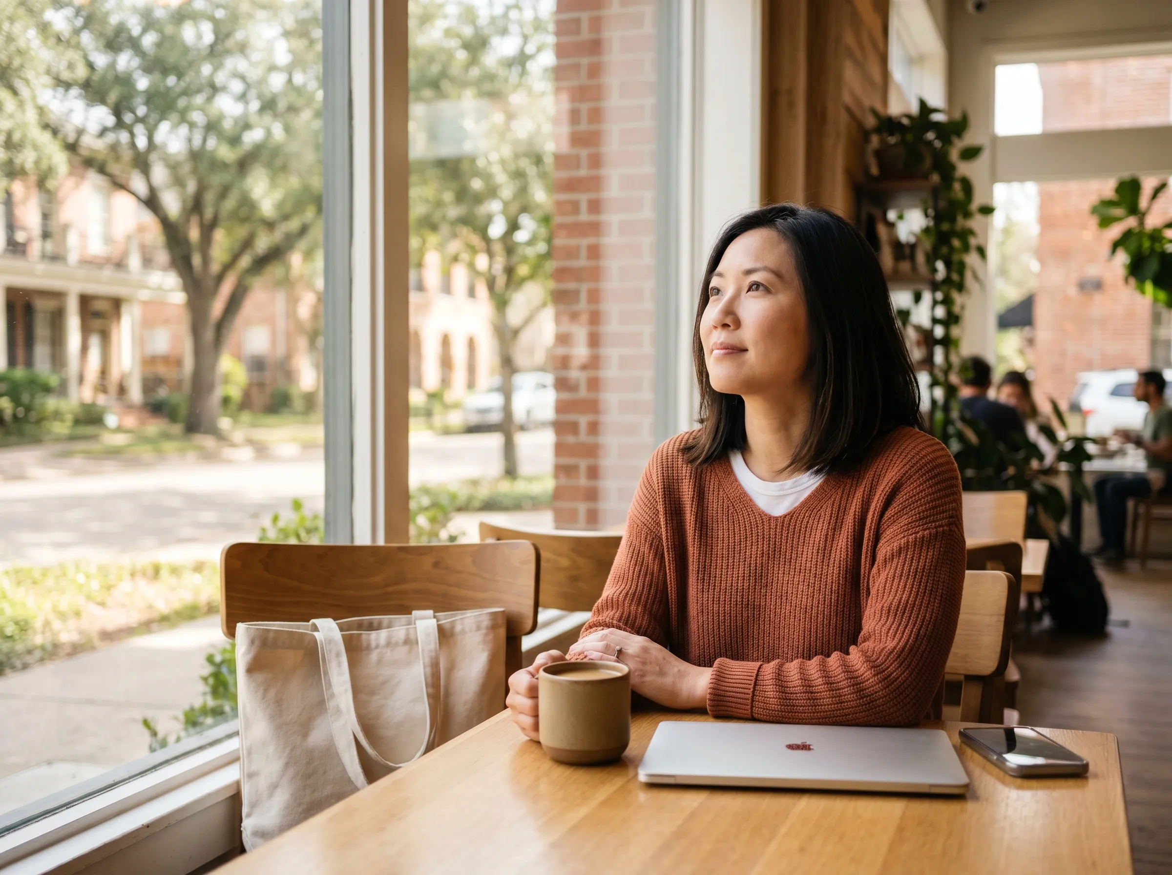 A woman with a warm mug at a sunlit Montrose cafe window, a closed laptop and tote beside her, looking calmly outside.