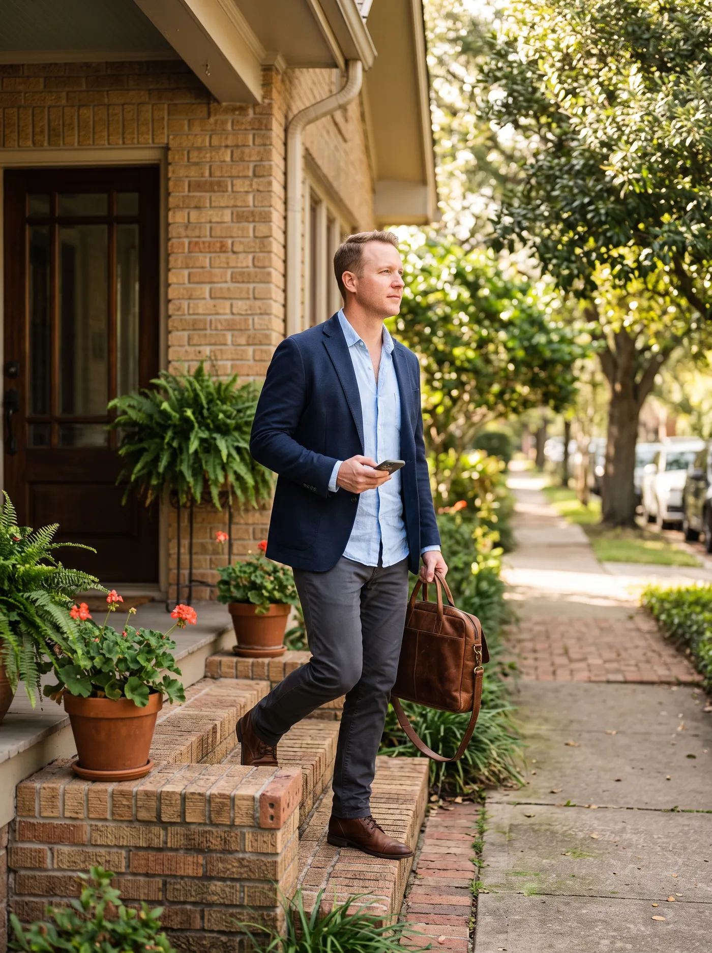 A man in a blazer stepping down the front steps of a Montrose brick bungalow into a sunlit morning, a work bag over his shoulder.