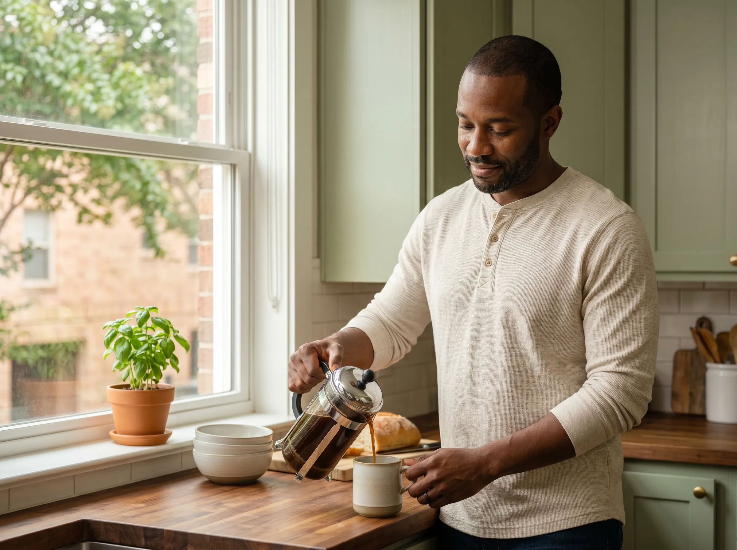 A man pouring coffee from a French press at a sunlit kitchen counter in a Montrose apartment, relaxed and unhurried in warm mid-morning light.