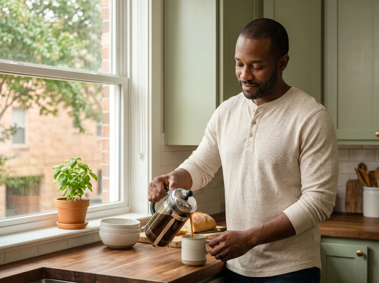 A man pouring coffee from a French press at a sunlit kitchen counter in a Montrose apartment, relaxed and unhurried in warm mid-morning light.