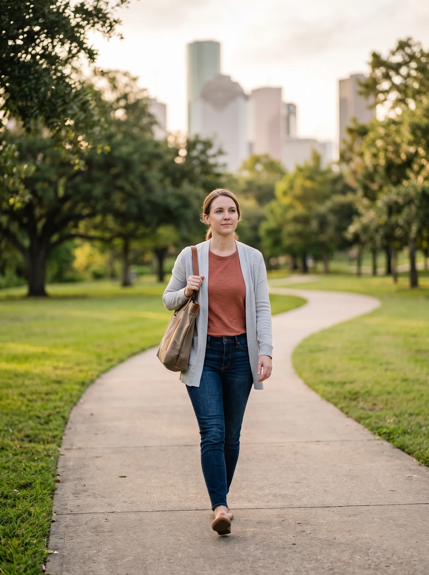 A woman walking a tree-lined park trail in a Houston greenway at warm afternoon light, calm and unhurried, dappled sun through live oaks behind her.