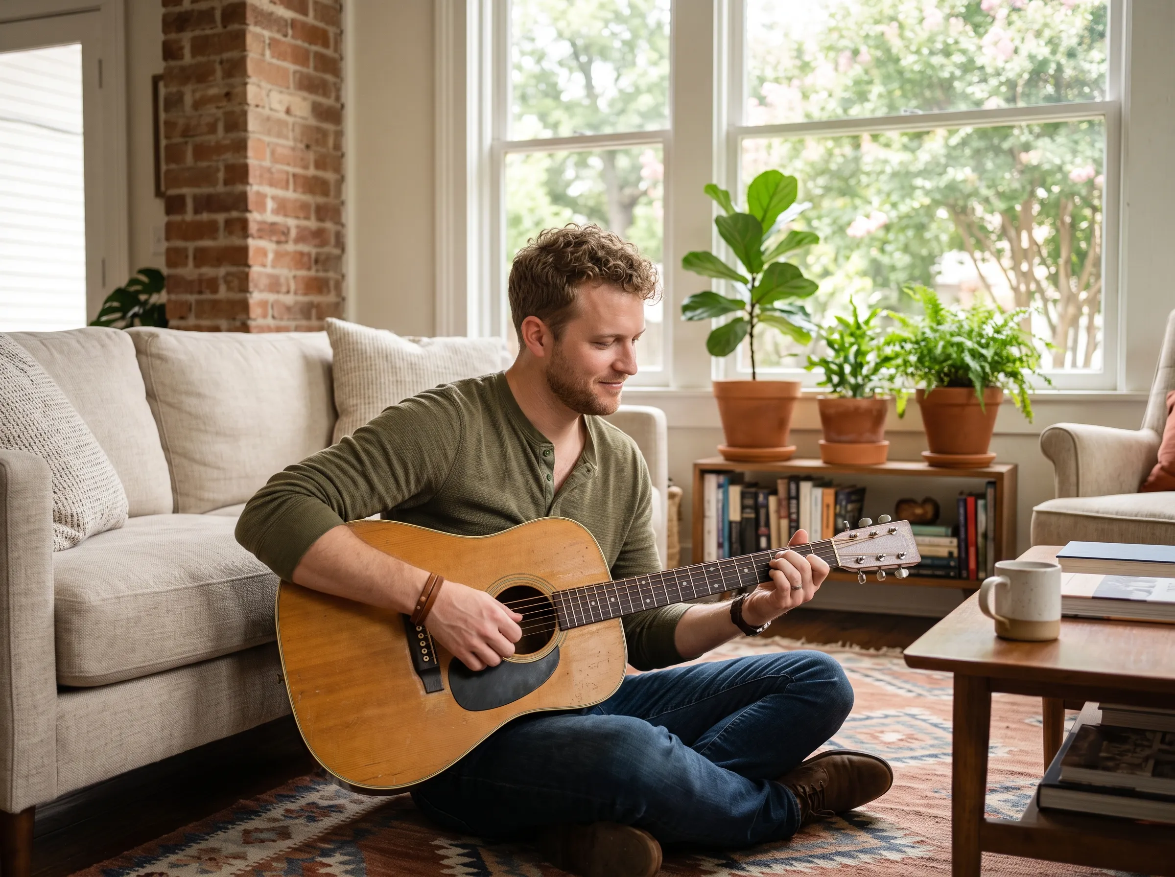 A man in his early thirties sitting on a woven rug in a sunlit Montrose living room, an acoustic guitar resting across his knee, calm and quietly content in mid-morning light.