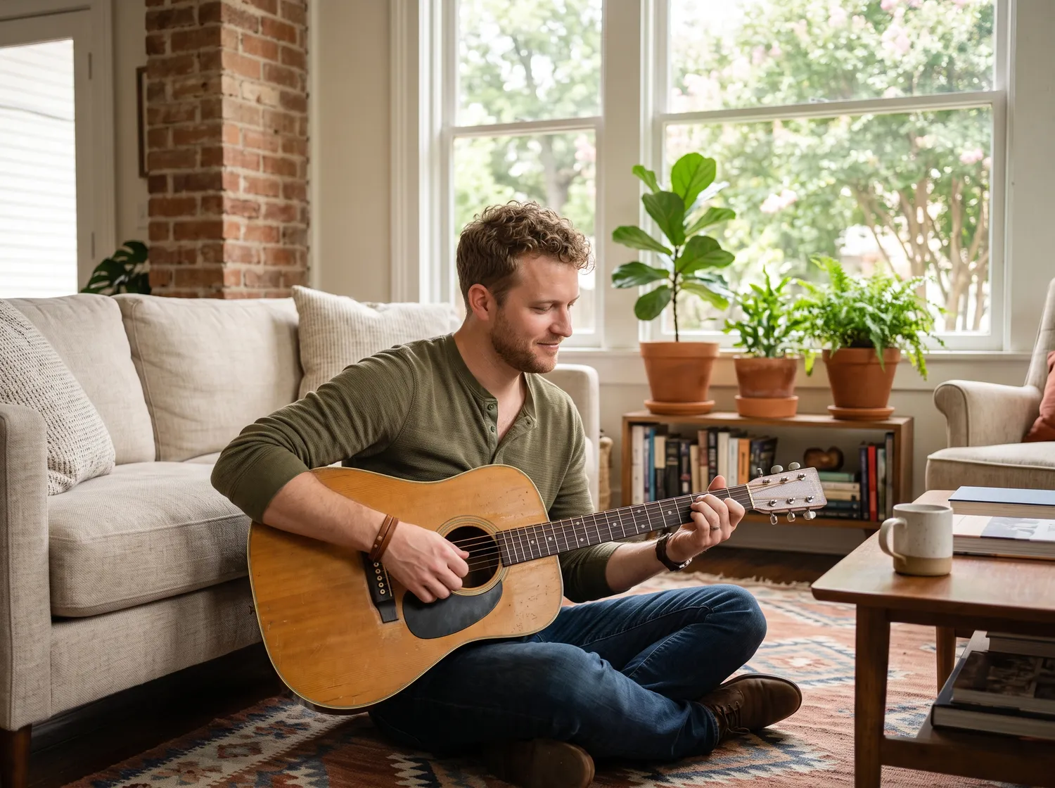 A man in his early thirties sitting on a woven rug in a sunlit Montrose living room, an acoustic guitar resting across his knee, calm and quietly content in mid-morning light.