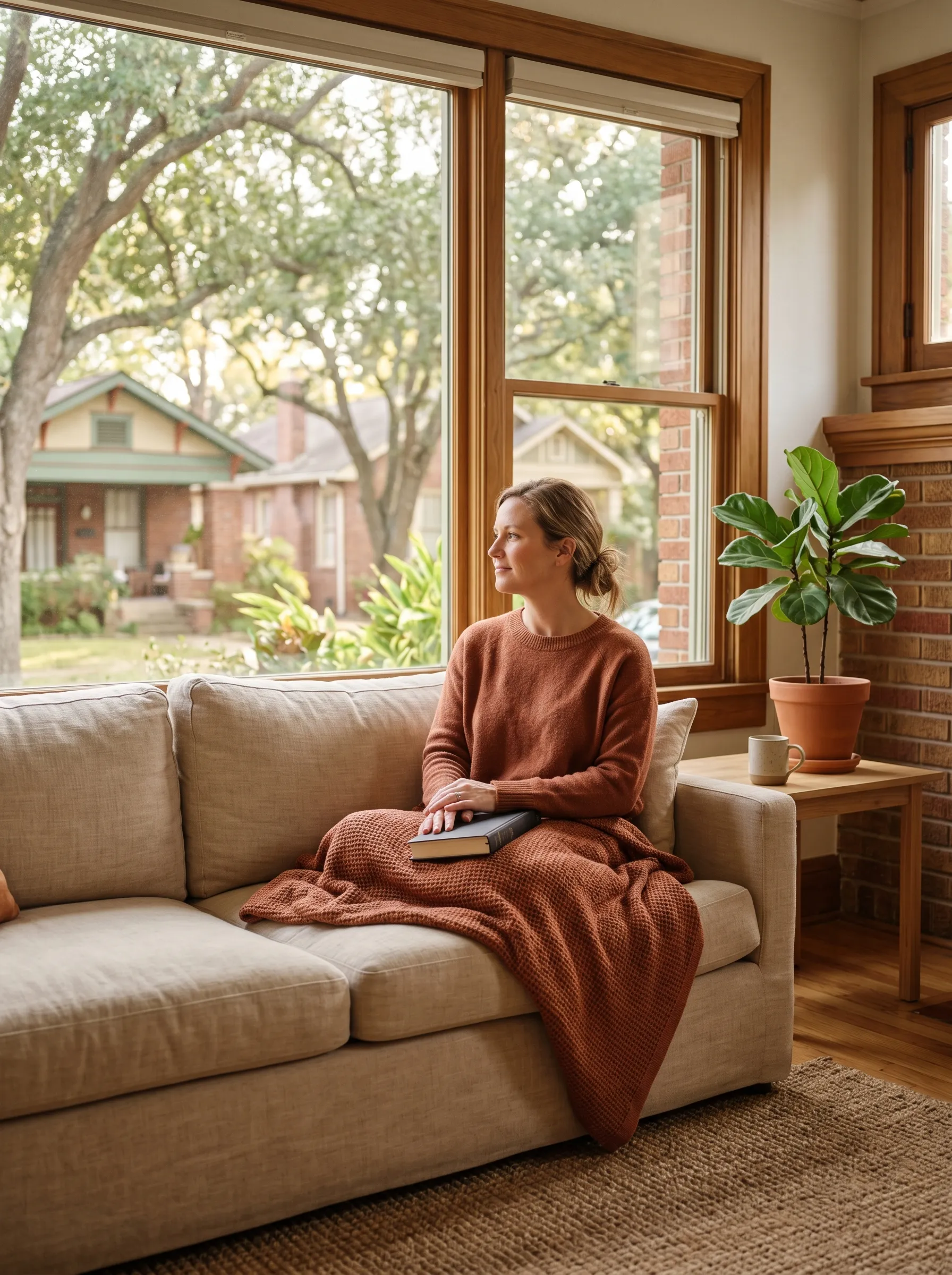 A woman in her early forties relaxing on a linen sofa in a light-filled Montrose living room in warm late-afternoon light, a throw over her lap and a closed book in hand, looking calmly out the window, settled at home for the evening.