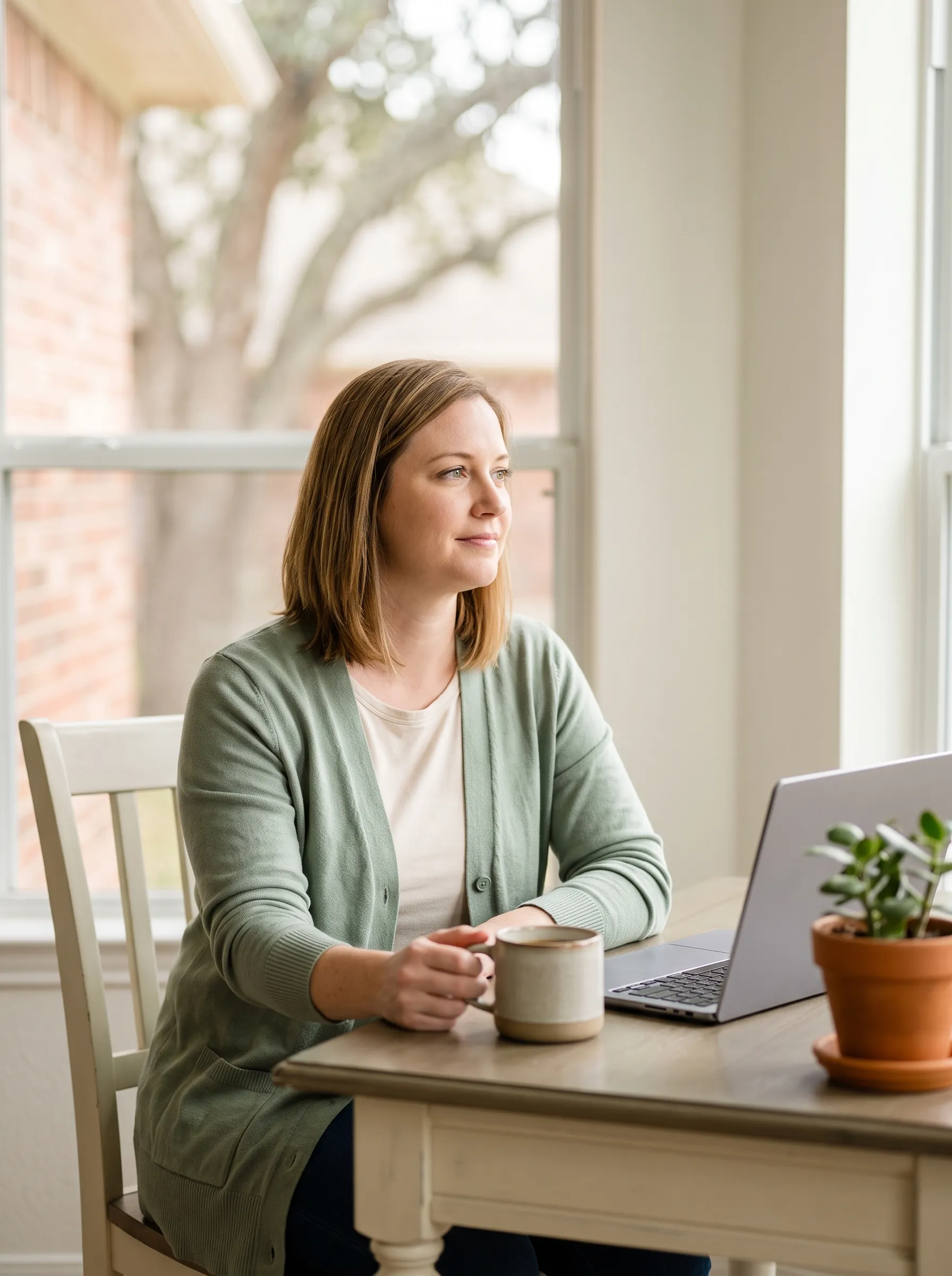 A woman in a sage cardigan sitting at a sunlit home desk with a warm mug and an open laptop, gazing calmly toward the window and a live oak outside.