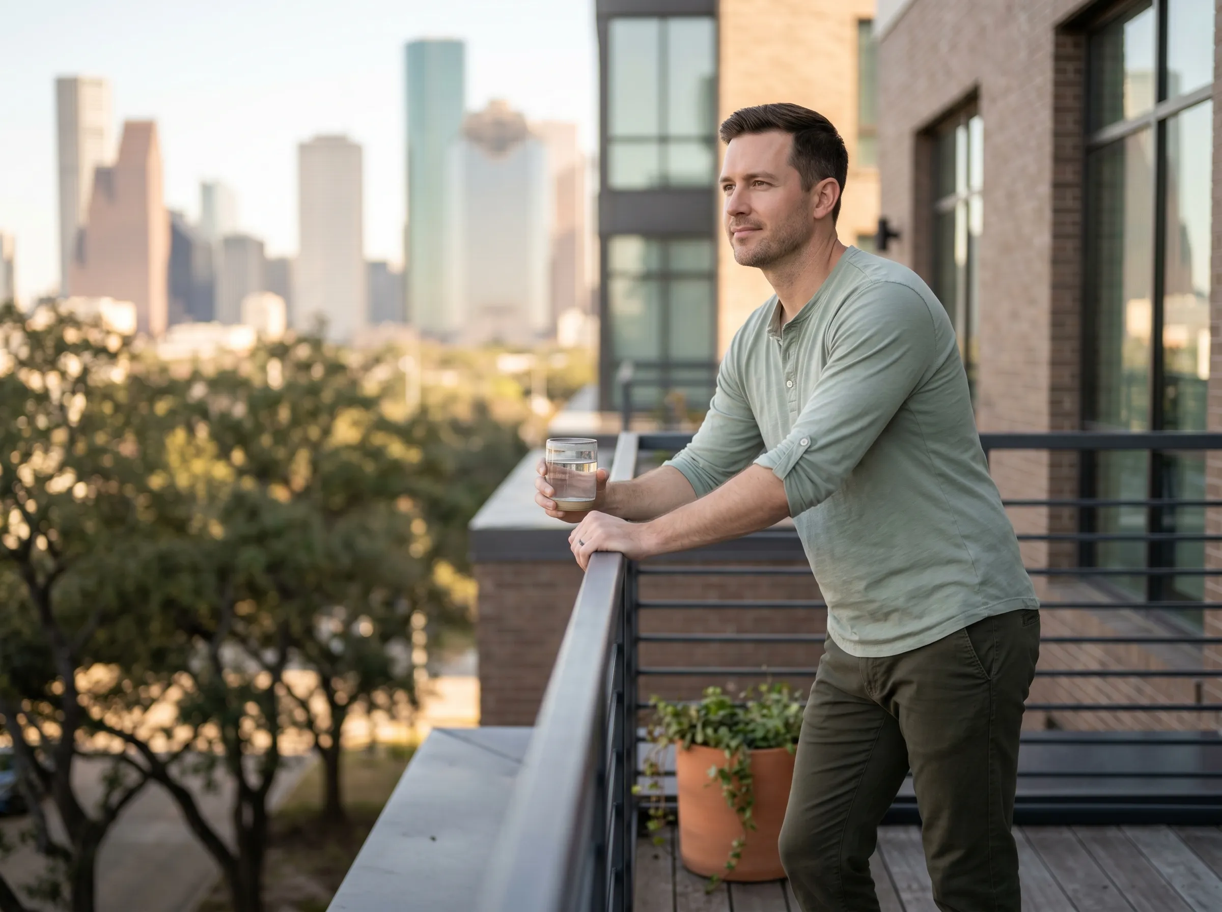 A man on a Houston rooftop terrace at late-afternoon light, downtown skyline beyond.